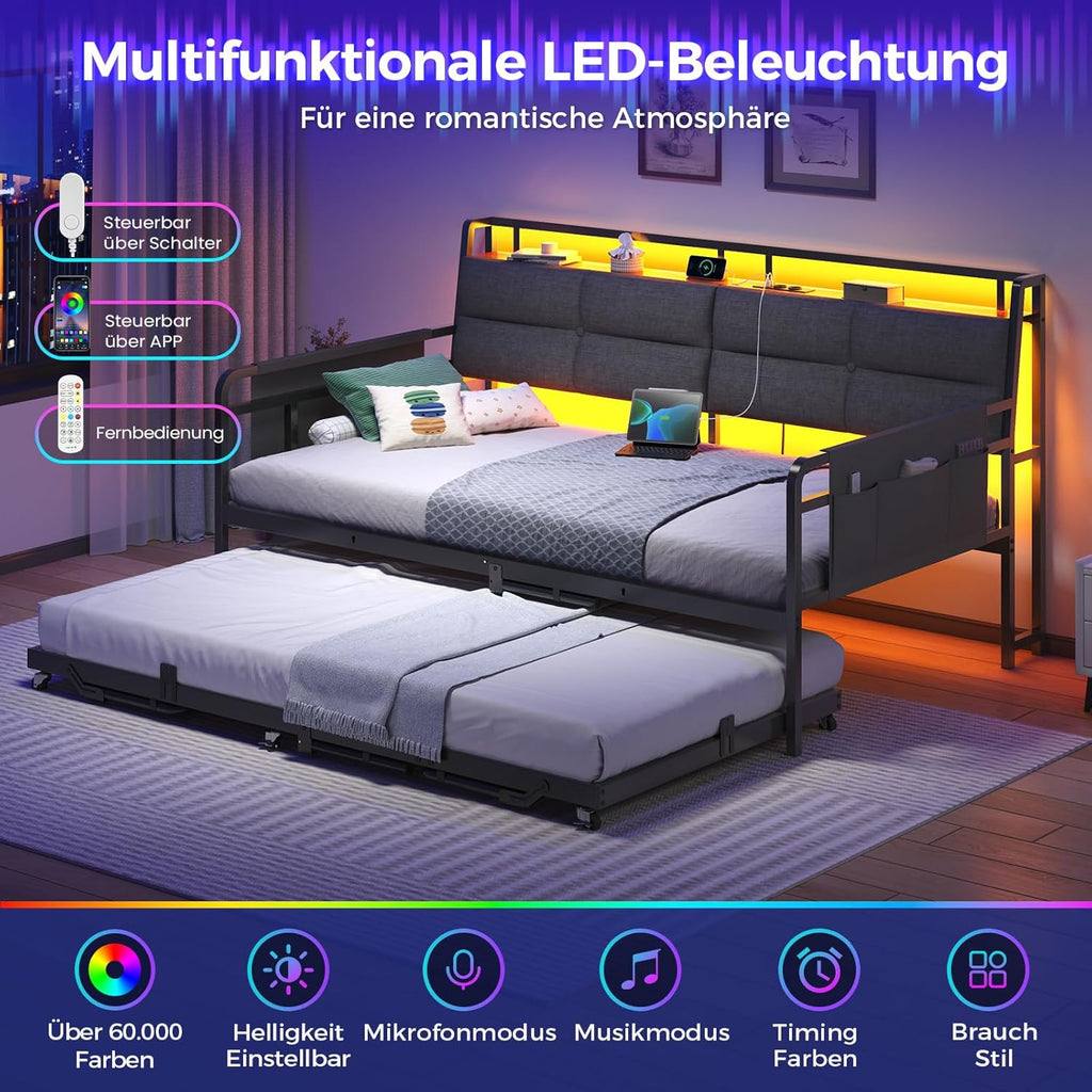 Sofá cama Brinlawb con cama nido, diván de 90x200 (180x200) cm, diván extraíble con iluminación LED y estación de carga (2 tomas de corriente CA, 2 puertos USB), cama individual y cama doble, cama de invitados