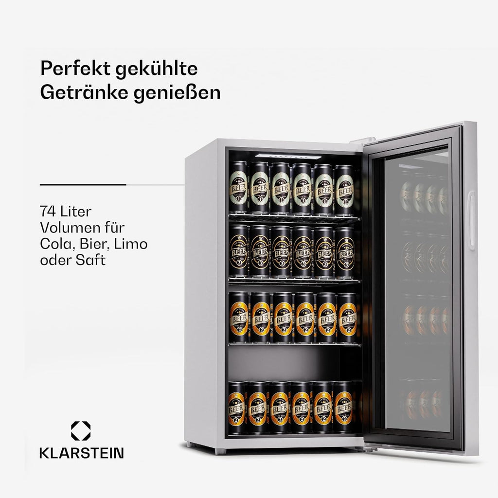 Mininevera Klarstein con puerta de cristal para habitaciones, refrigerador de bebidas con estantes ajustables, pequeño de 80 litros, frigorífico silencioso para interiores/exteriores