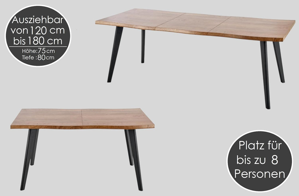 designimpex Mesa de comedor de diseño HAW-222, roble natural, chapa de madera auténtica, borde vivo, madera maciza, extensible de 120 a 180 cm, borde natural, mesa de comedor, mesa de cocina