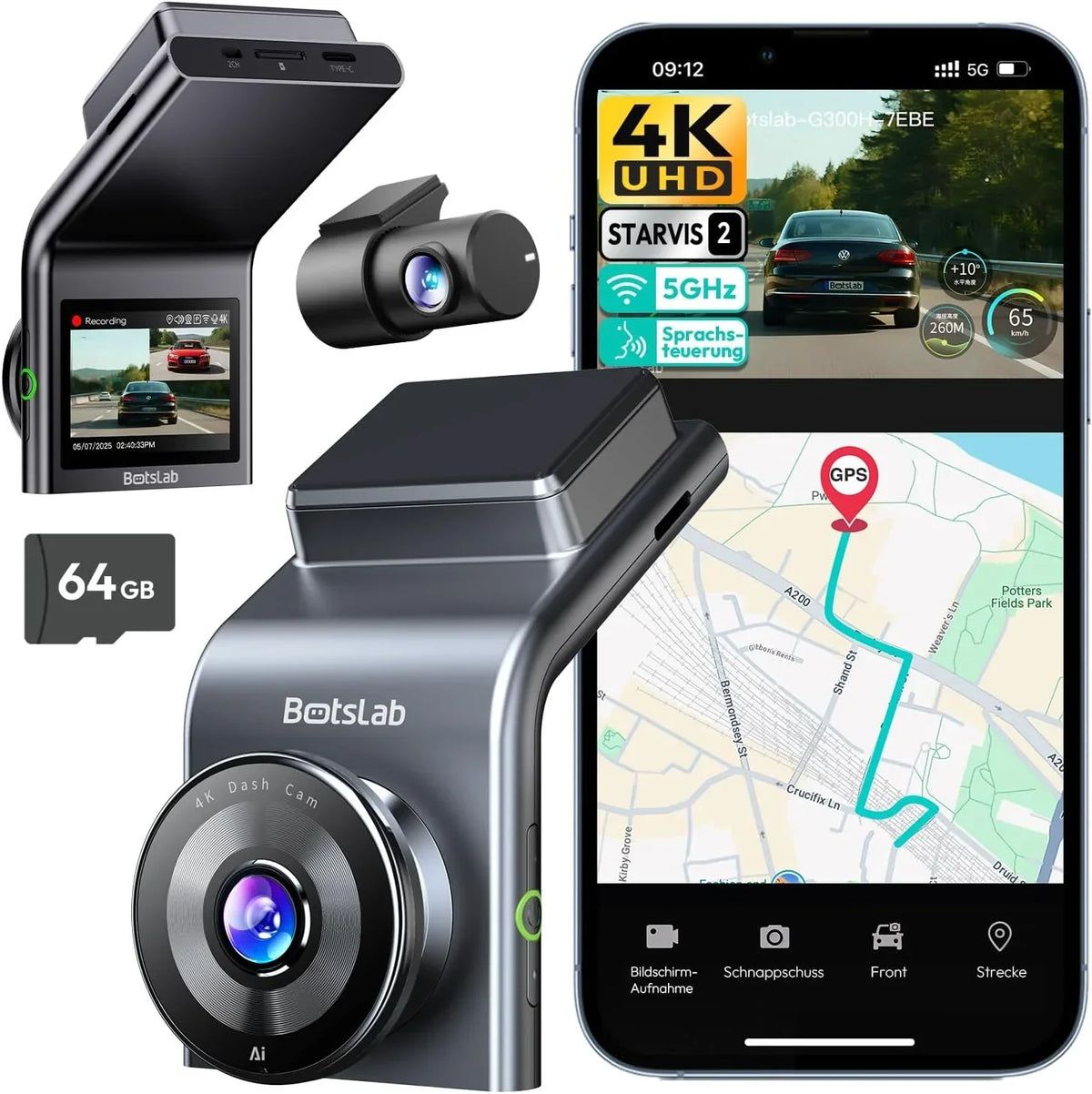 Cámara de salpicadero 4K para coche, doble cámara delantera y trasera con sensor STARVIS 2, WDR, GPS, Wi-Fi, control por voz y tarjeta SD de 64 GB