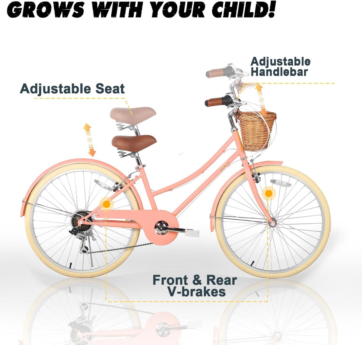 Glerc Missy 20, 24, 26 pulgadas bicicleta híbrida urbana tipo crucero para niñas, de 6 velocidades, con cesta de mimbre, para jóvenes mayores de 6 años, varios colores