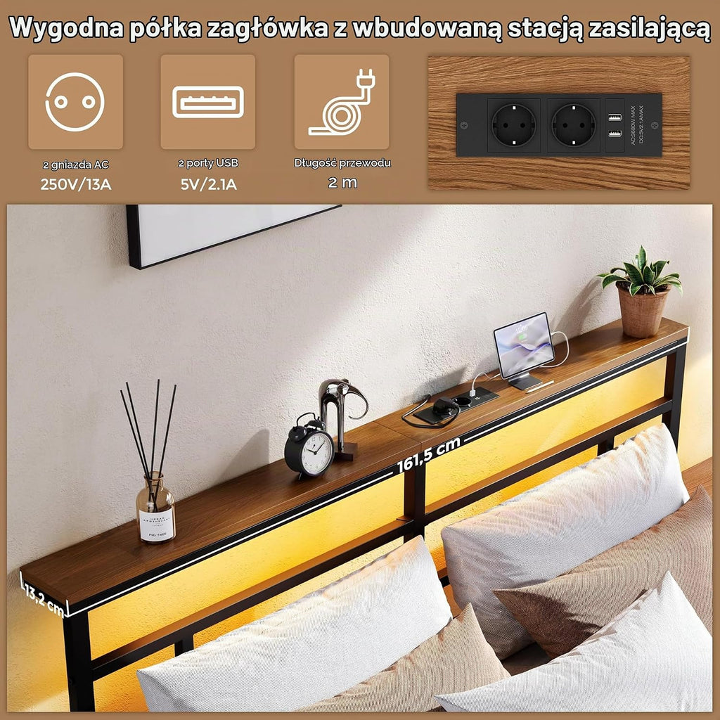 Yaheetech Rama łóżka 160 × 200 cm z metalowym stelażem, łóżko 2-osobowe z oświetleniem LED i stacją ładującą (2 AC, 2 USB), podwójne łóżko z półką do przechowywania, pojemność 400 kg