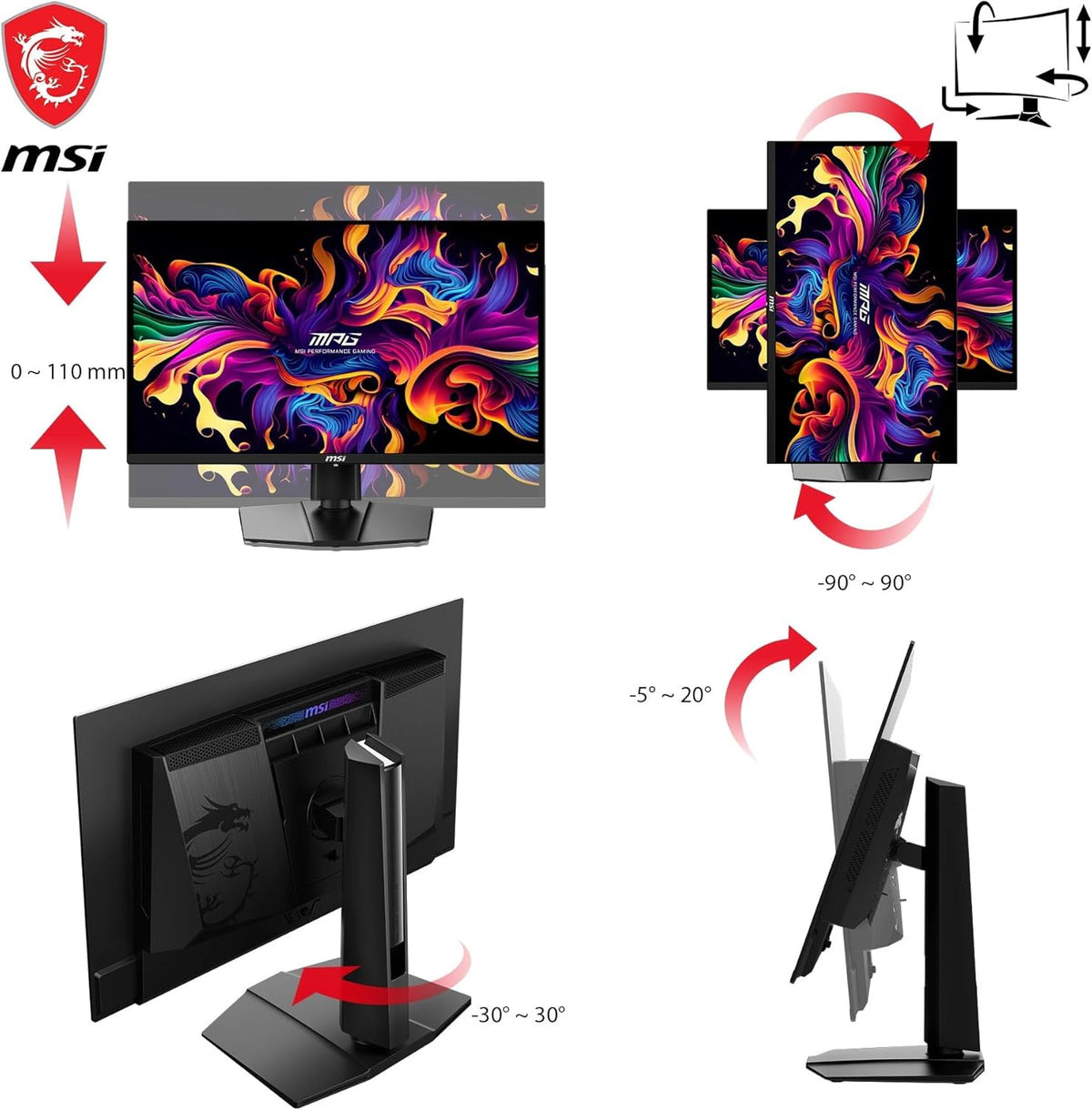 Monitor gaming MSI MPG 271QRX QD-OLED de 26,5 pulgadas WQHD - Panel Quantum Dot OLED 2560 x 1440, 360Hz / 0,03ms, 99% DCI-P3, ΔE≤2, DisplayHDR True Black 400 - KVM, RGB, DP 1.4a, HDMI 2.1, USB Type-C