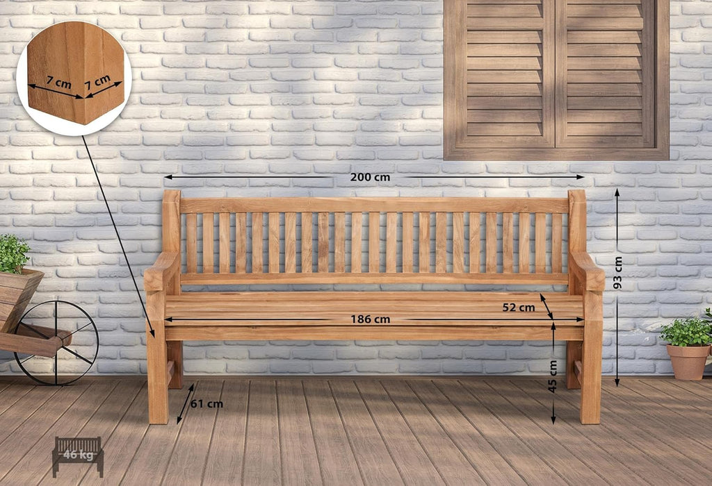 Banco de teca CLP Jackson V2 I Banco de madera resistente a la intemperie con respaldo I Banco de jardín estable de madera de teca maciza, color: Teca, tamaño: 200 cm