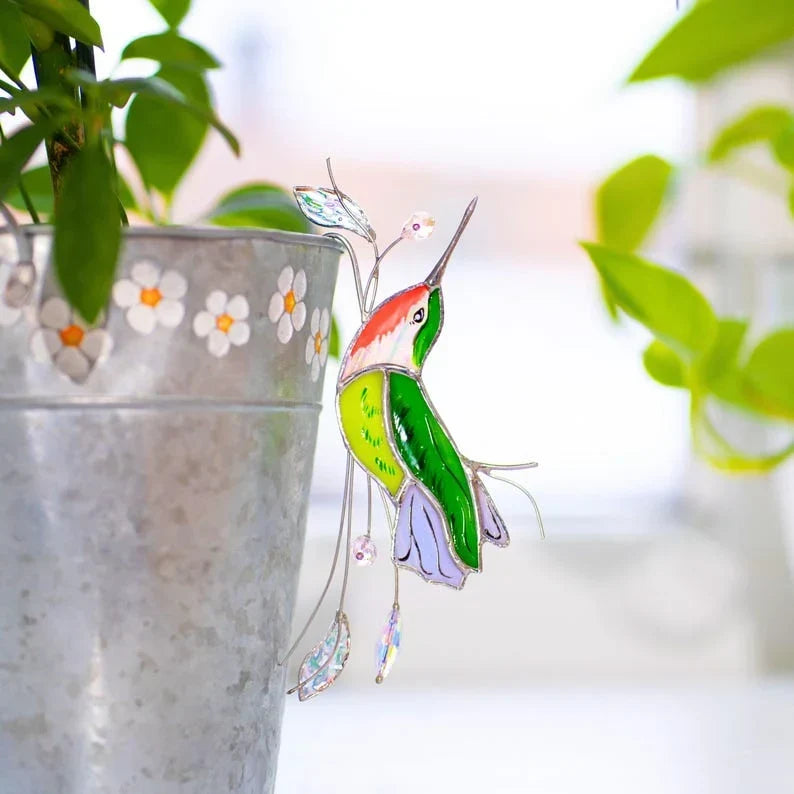 Estaca decorativa de colibrí de vidrio hecho a mano con cristales, 4 x 6.5 pulgadas, decoración de jardín