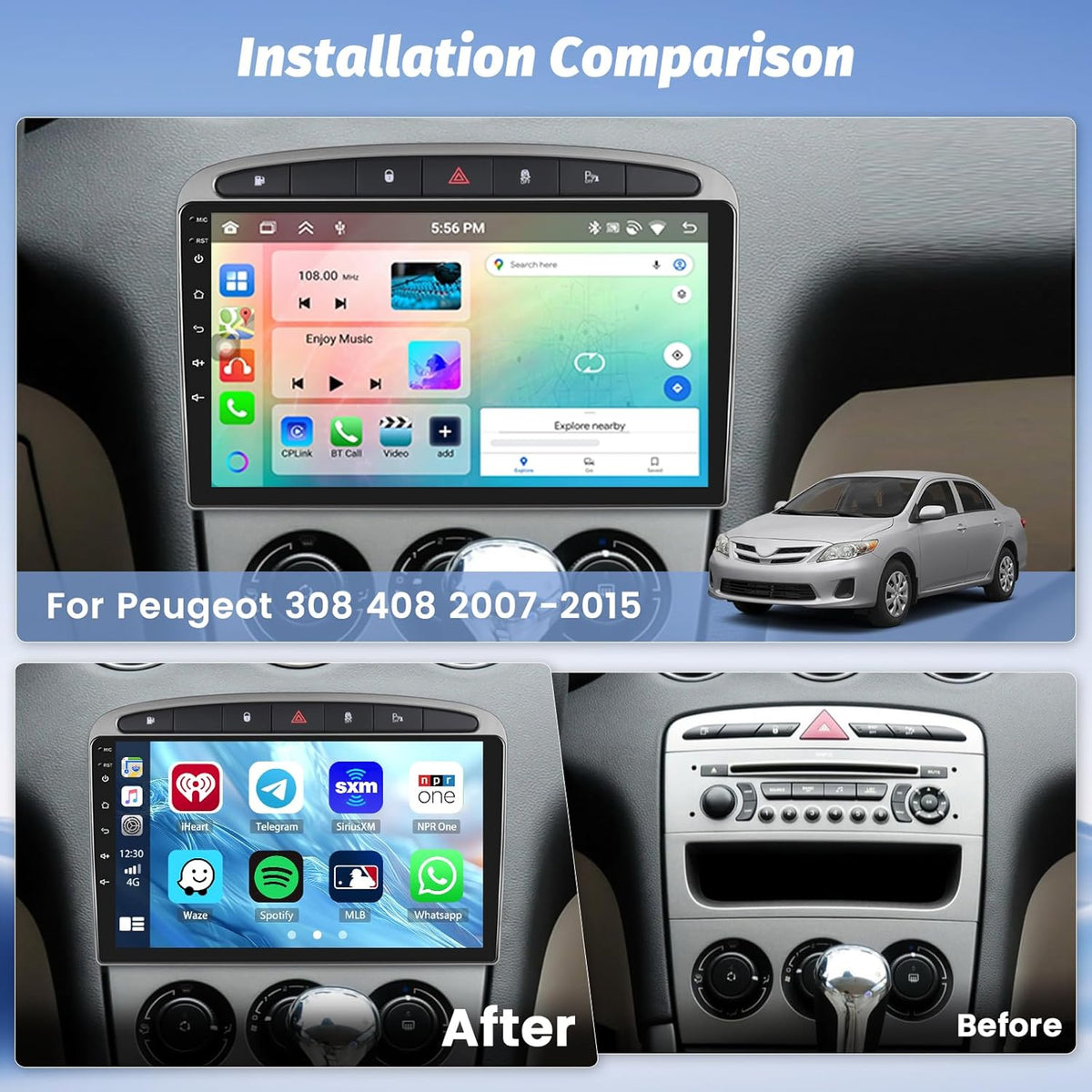 Autorradio Hikity Android 15 de 4G + 64G y 8 núcleos para Peugeot 308, 308SW, 408 (2007-2015), con Carplay inalámbrico, Android Auto, pantalla de 9'', GPS, Bluetooth, WiFi, RDS, DSP, 3 pantallas divididas, SWC y cámara de visión trasera.