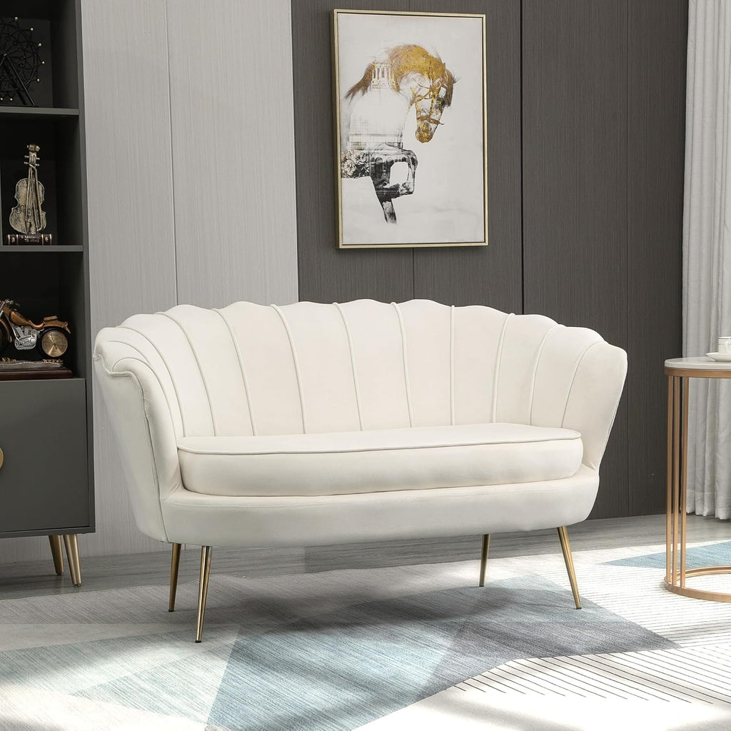 Sofá de 2 plazas HOMCOM con reposabrazos, respaldo en forma de pétalo, acolchado grueso, sofá tapizado moderno con aspecto de terciopelo y patas de metal para salón, 130 x 77 x 77 cm, blanco crema
