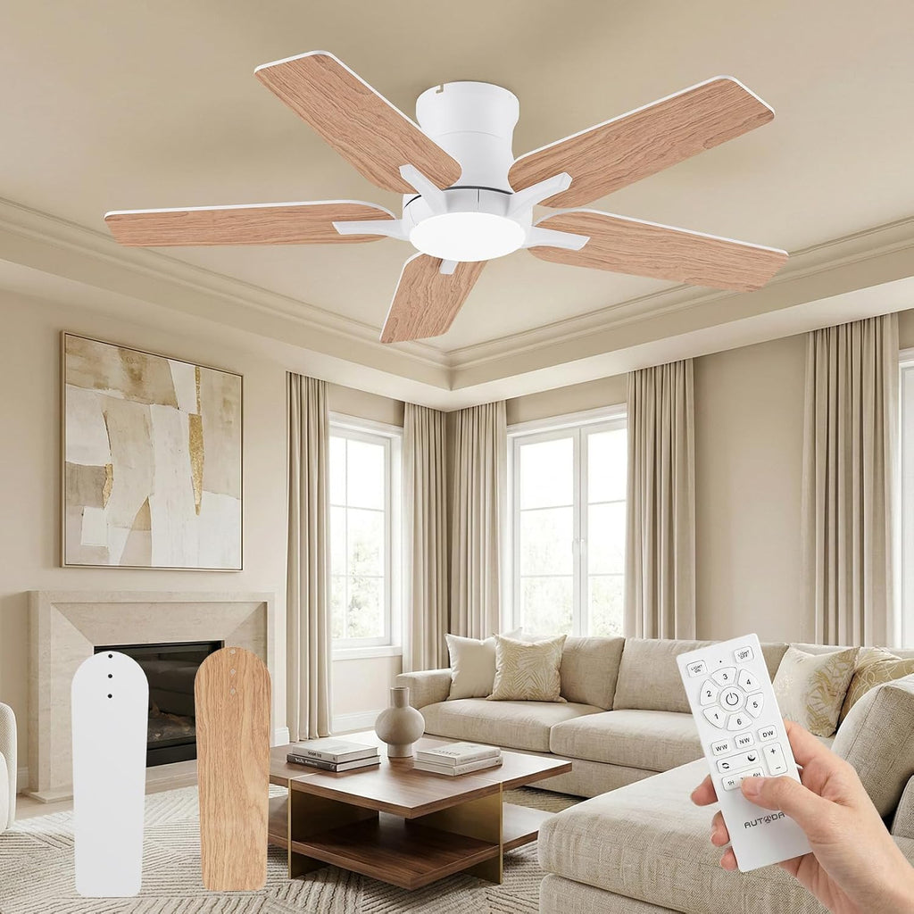 Ventilador de techo con iluminación, 122 cm, con mando a distancia, motor de CC silencioso y reversible, 3 temperaturas de color con memoria, regulable, 6 velocidades, temporizador, para dormitorio, blanco