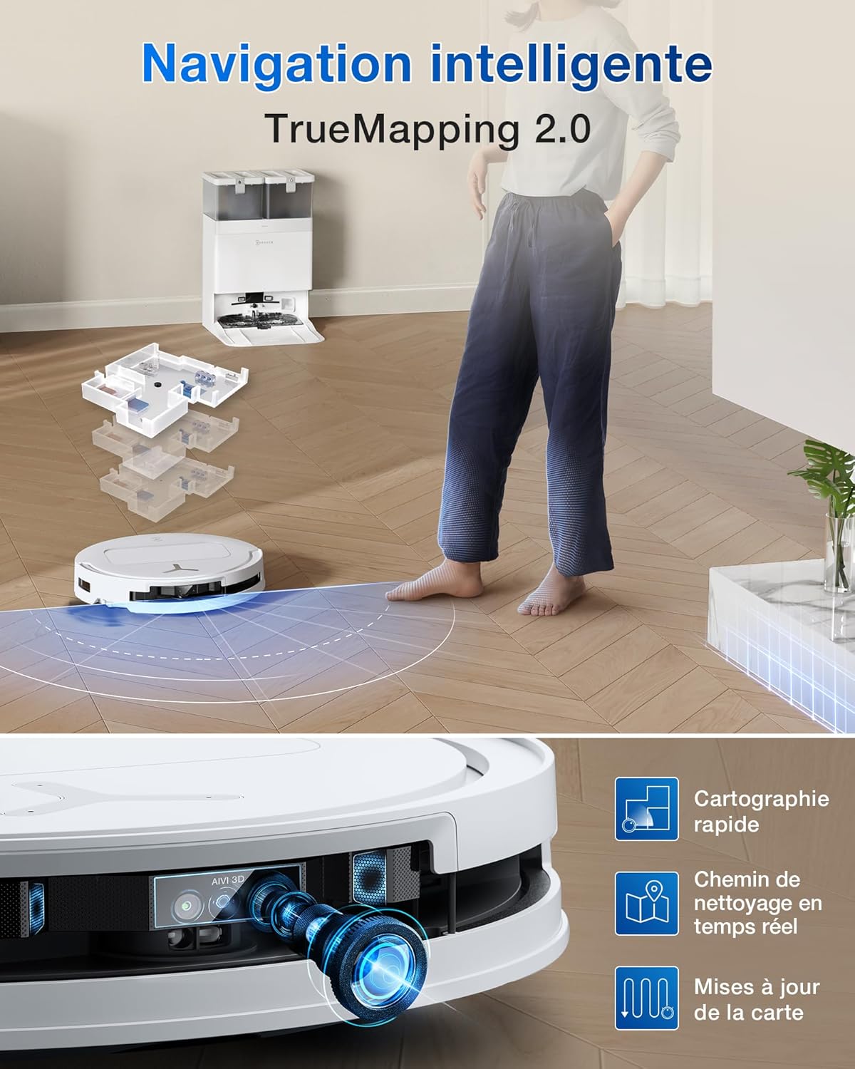 Robot aspirador ECOVACS T50 Pro Omni, 15000Pa mejorado respecto al T30 Pro Omni, cepillo lateral y mopa extensibles, adición automática de solución de limpieza, lavado con agua caliente a 75℃, blanco