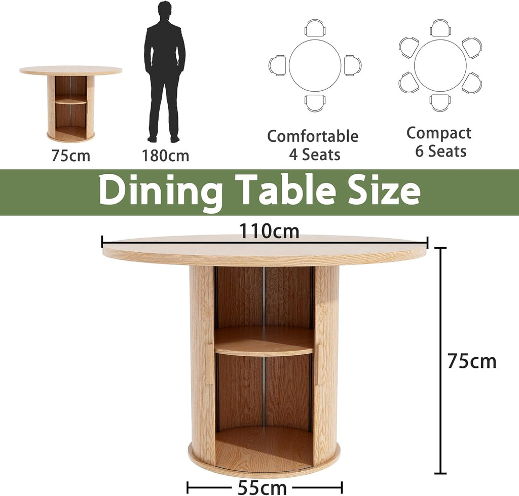 Mesa de comedor redonda de 110 cm con espacio de almacenamiento, mesa de cocina con estructura de metal estable, mesas de comedor modernas y redondas para 2-4 personas para comedor, cocina, oficina en casa (color roble claro)