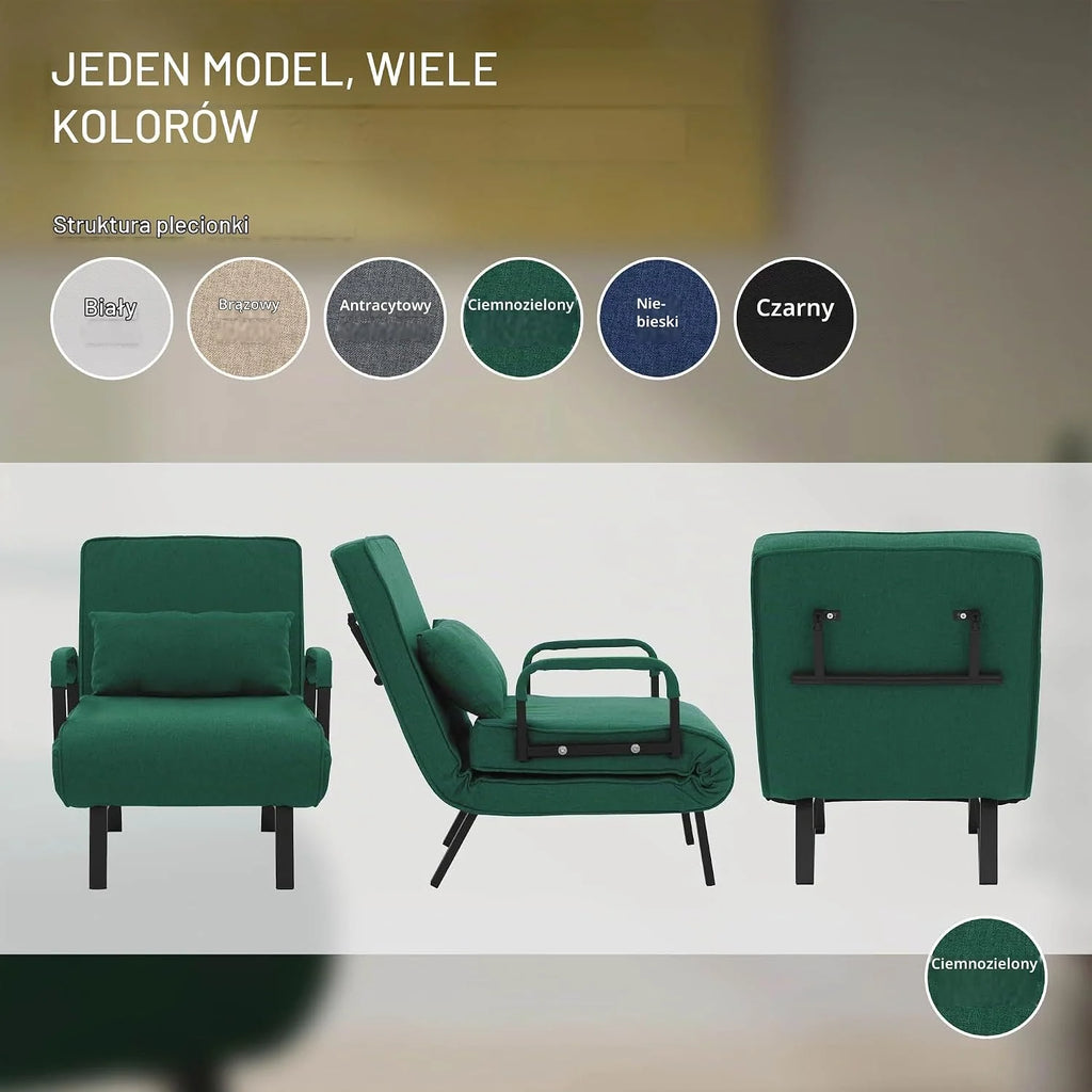 ML-Design Fotel Rozkladany 3 w 1 z Funkcja Spania, Skladany z Regulowanym Oparciem, Rozkladana Sofa dla Gosci, Lózko Jednoosobowe Stelaz Stalowy Miekka Tkanina Chenille Wygodny do Salonu Ciemnozielony