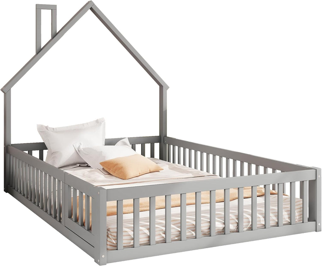Cama infantil al suelo Merax 140x200 cm, cama casita con protección anticaídas y somier, forma de chimenea, valla abatible - Cama Montessori, cama juvenil, estructura de cama de madera (sin colchón), gris