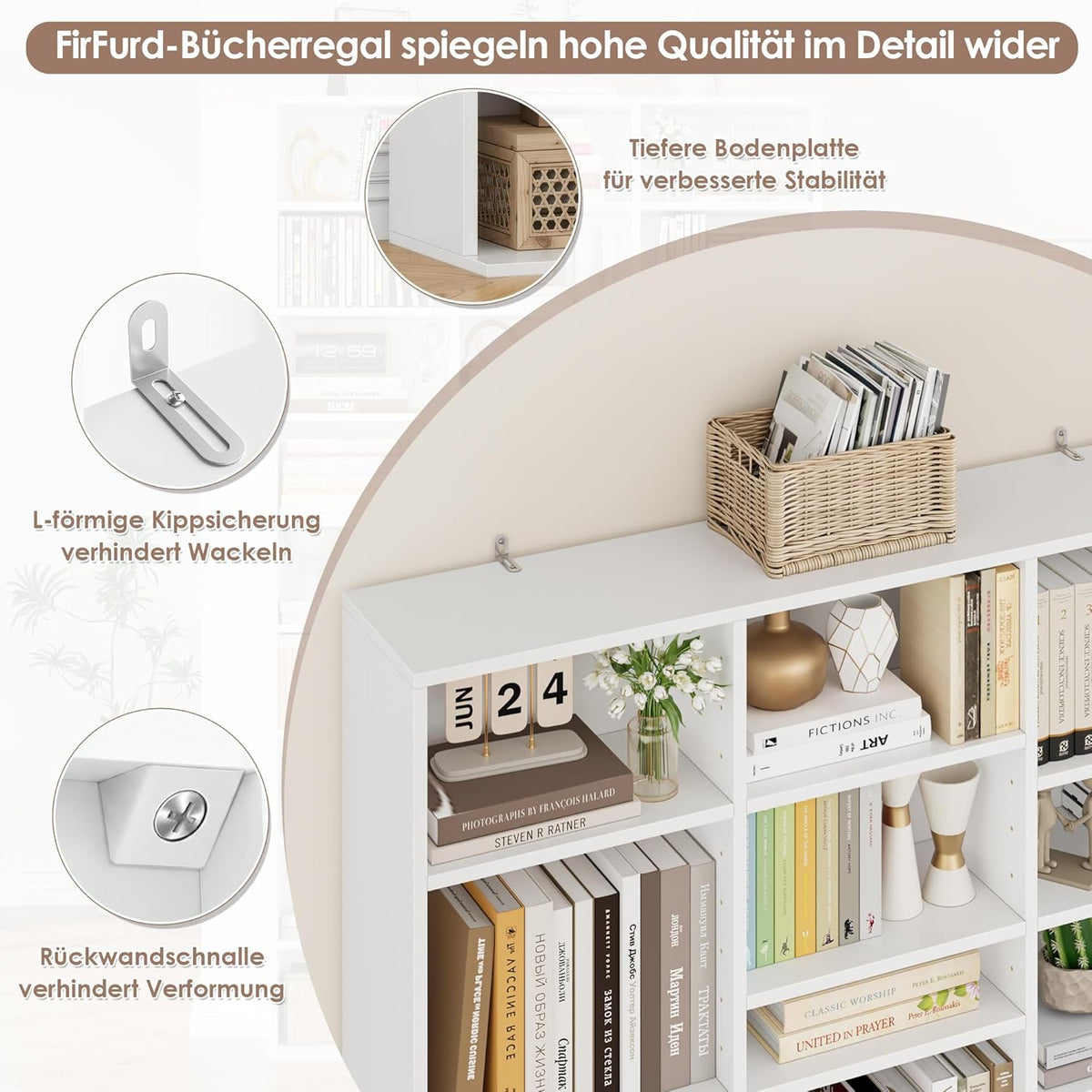 Estantería para libros FirFurd de 190 cm, estante para CD con 27 compartimentos, soporte para CD ajustable en altura, estantería de pie, separador de ambientes para sala de estar, estudio, blanco