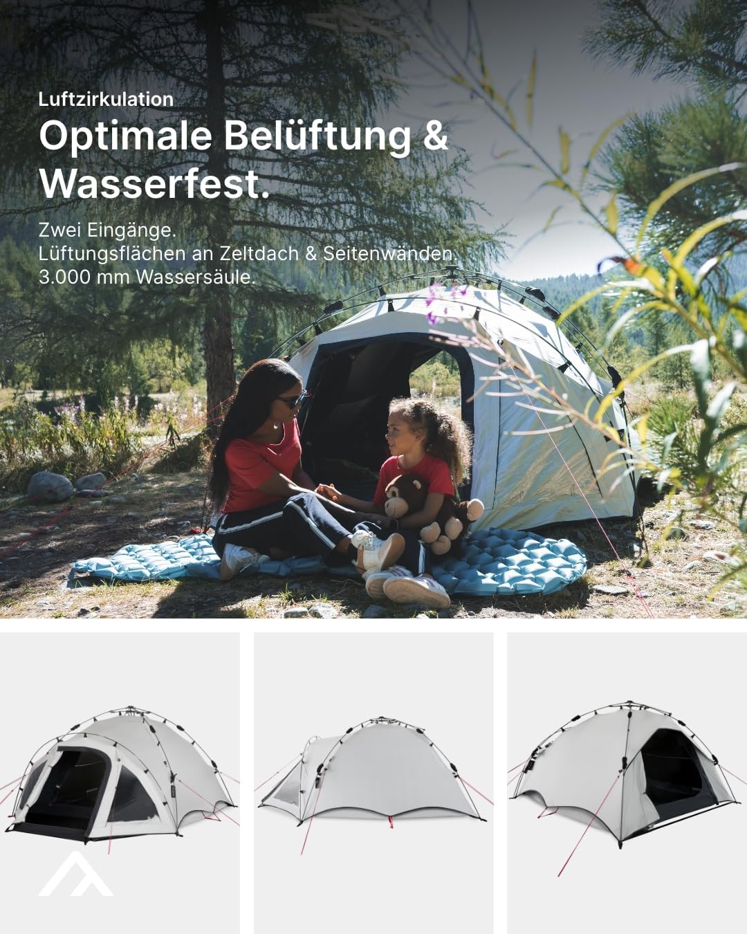 Tienda de campaña con sistema de montaje rápido Quick Oak 3 Dark Series para 3 personas, columna de agua de 4.000 mm y cabina de dormir oscurecida