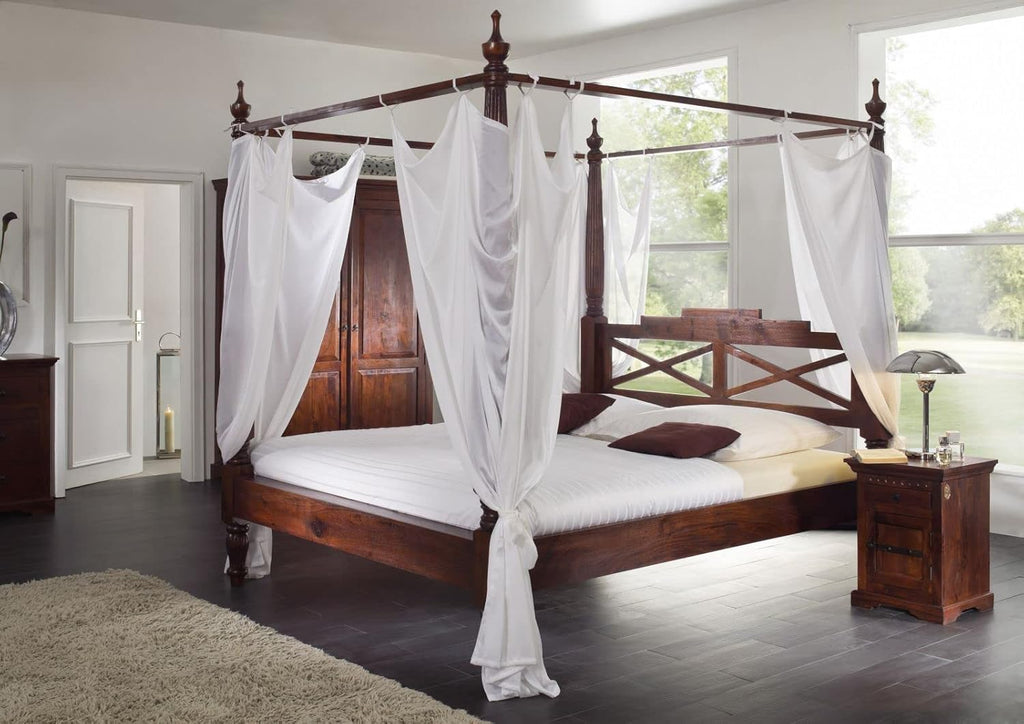 MASSIVMOEBEL24.DE | Cama con dosel Oxford de acacia 147x221x224, color: lacado marrón oscuro
