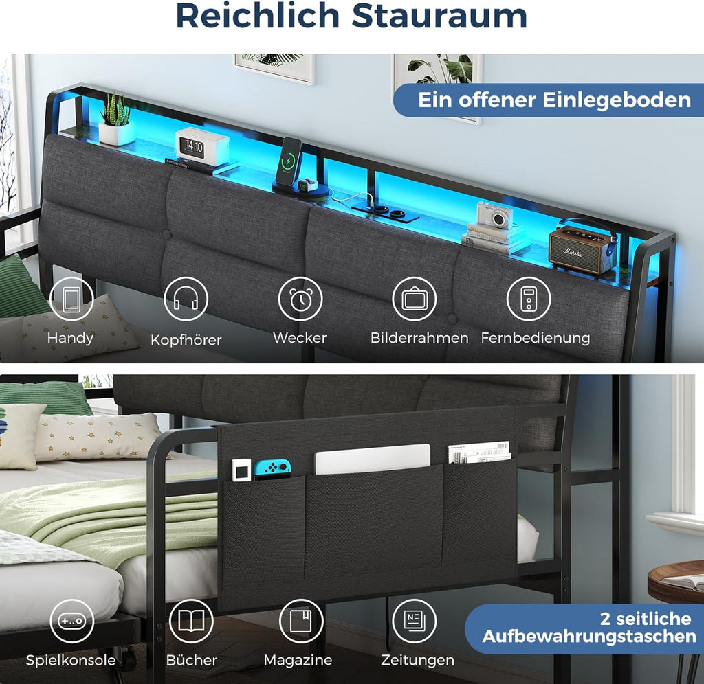 Sofá cama Brinlawb con cama nido, diván de 90x200 (180x200) cm, diván extraíble con iluminación LED y estación de carga (2 tomas de corriente CA, 2 puertos USB), cama individual y cama doble, cama de invitados