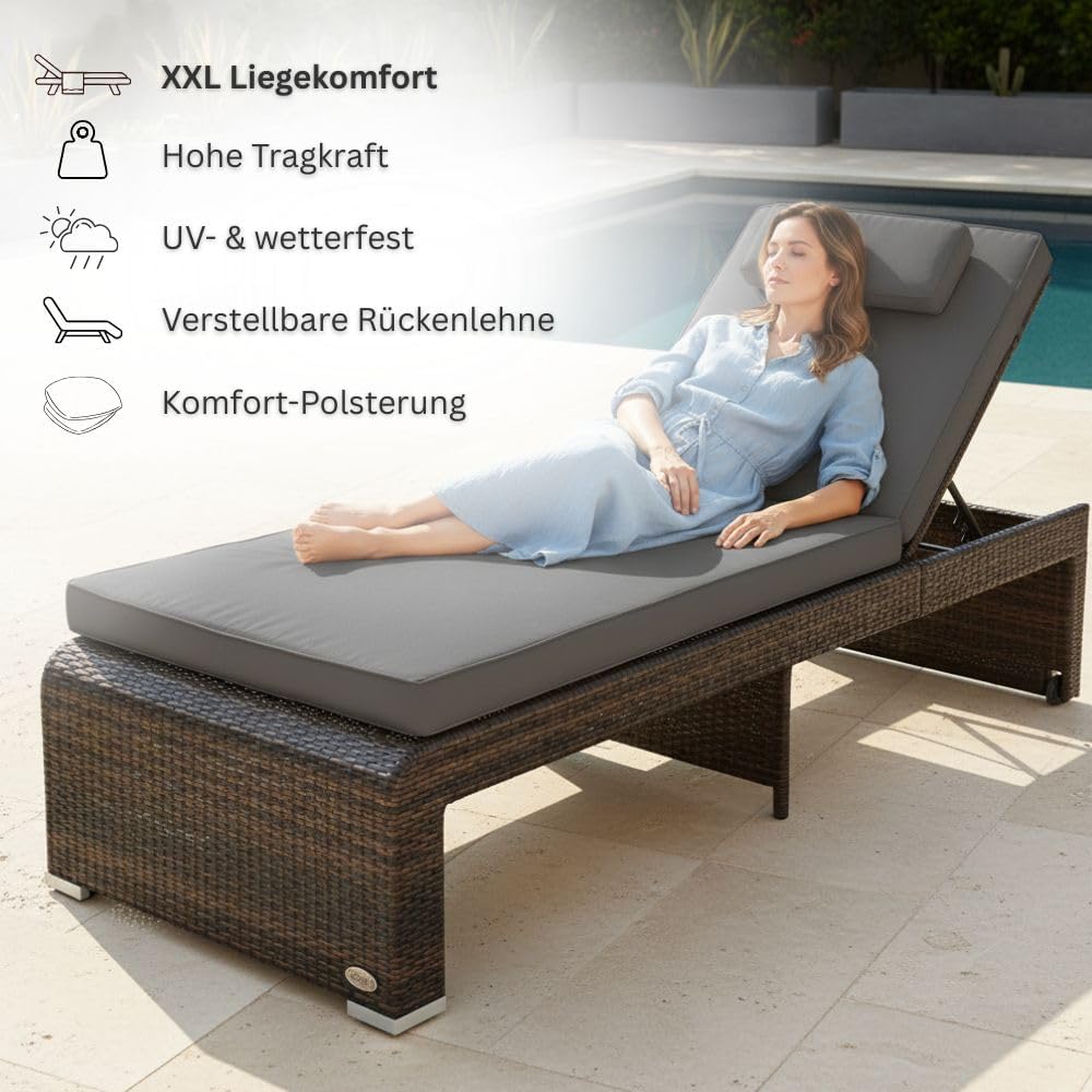 Tumbona de jardín RS Trade resistente a la intemperie de ratán, extra alta y extra ancha, también para personas mayores – XXL hasta 200 kg – con ruedas, tumbona de exterior con respaldo ajustable, marrón con cojín gris