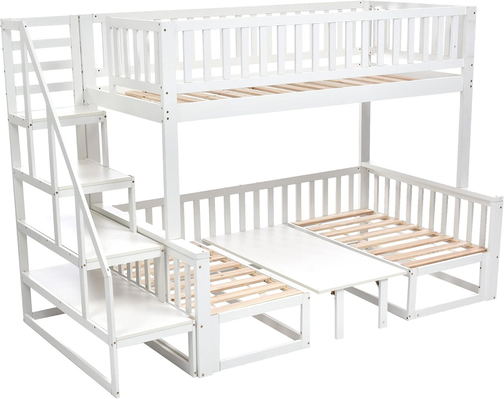 Litera infantil que ahorra espacio, cama alta con escritorio flexible y sofá de madera, cama para niños con escalera y protección anticaídas, 90x200cm + 120x200cm, cama funcional tipo litera, cama alta juvenil, blanco