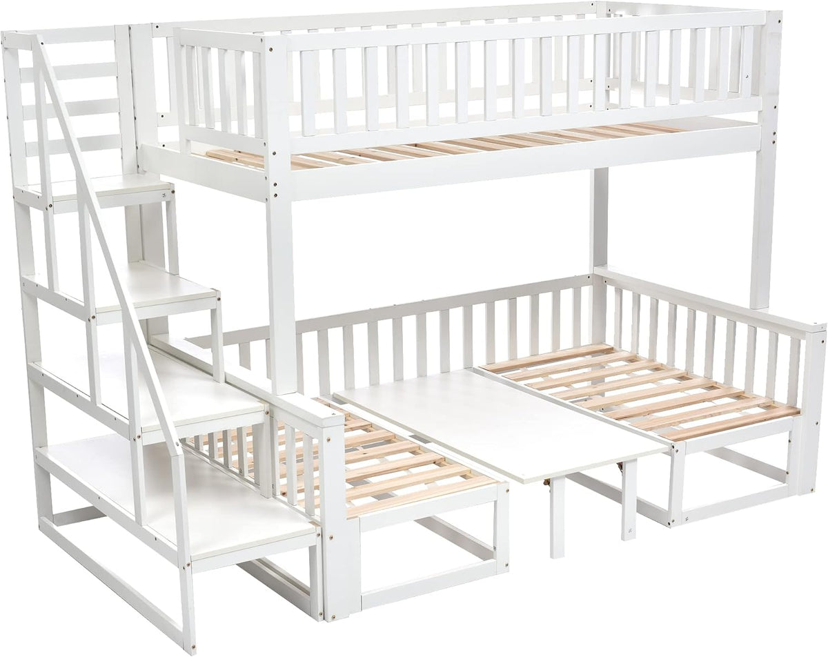 Litera infantil que ahorra espacio, cama alta con escritorio flexible y sofá de madera, cama para niños con escalera y protección anticaídas, 90x200cm + 120x200cm, cama funcional tipo litera, cama alta juvenil, blanco