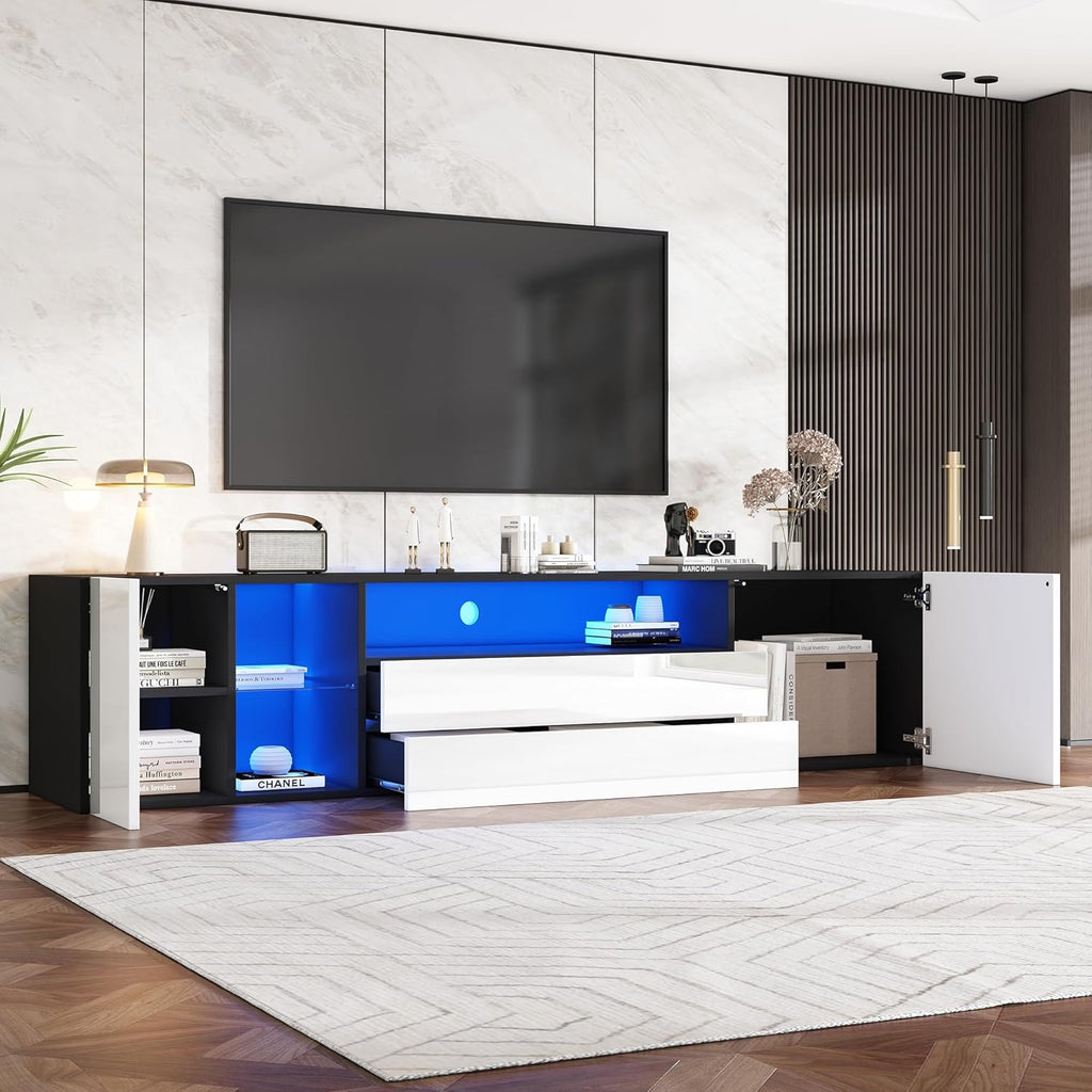 Mueble de TV Merax con LED, mueble para televisión de alto brillo con 2 puertas y 2 cajones, soporte para televisores de hasta 75 pulgadas, mueble bajo para salón, dormitorio, comedor, 180 cm, blanco y negro