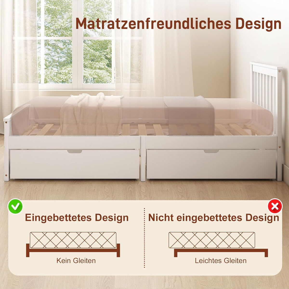 HOMCOM Cama de 90 x 200 cm, estructura de cama con somier de láminas de madera, cajón, almacenaje bajo la cama, cama individual, cama de madera con cabecero, estructura de cama para dormitorio, habitación de invitados, blanco