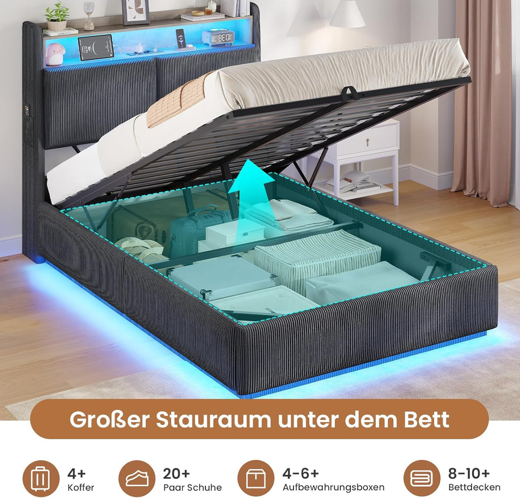 AOGLLATI Cama 90x200 con almacenamiento hidráulico, cama juvenil 90x200 con iluminación LED y estación de carga, cama tapizada individual, cama infantil con cabecero con almacenamiento, sin colchón (gris oscuro, 90x200 cm)
