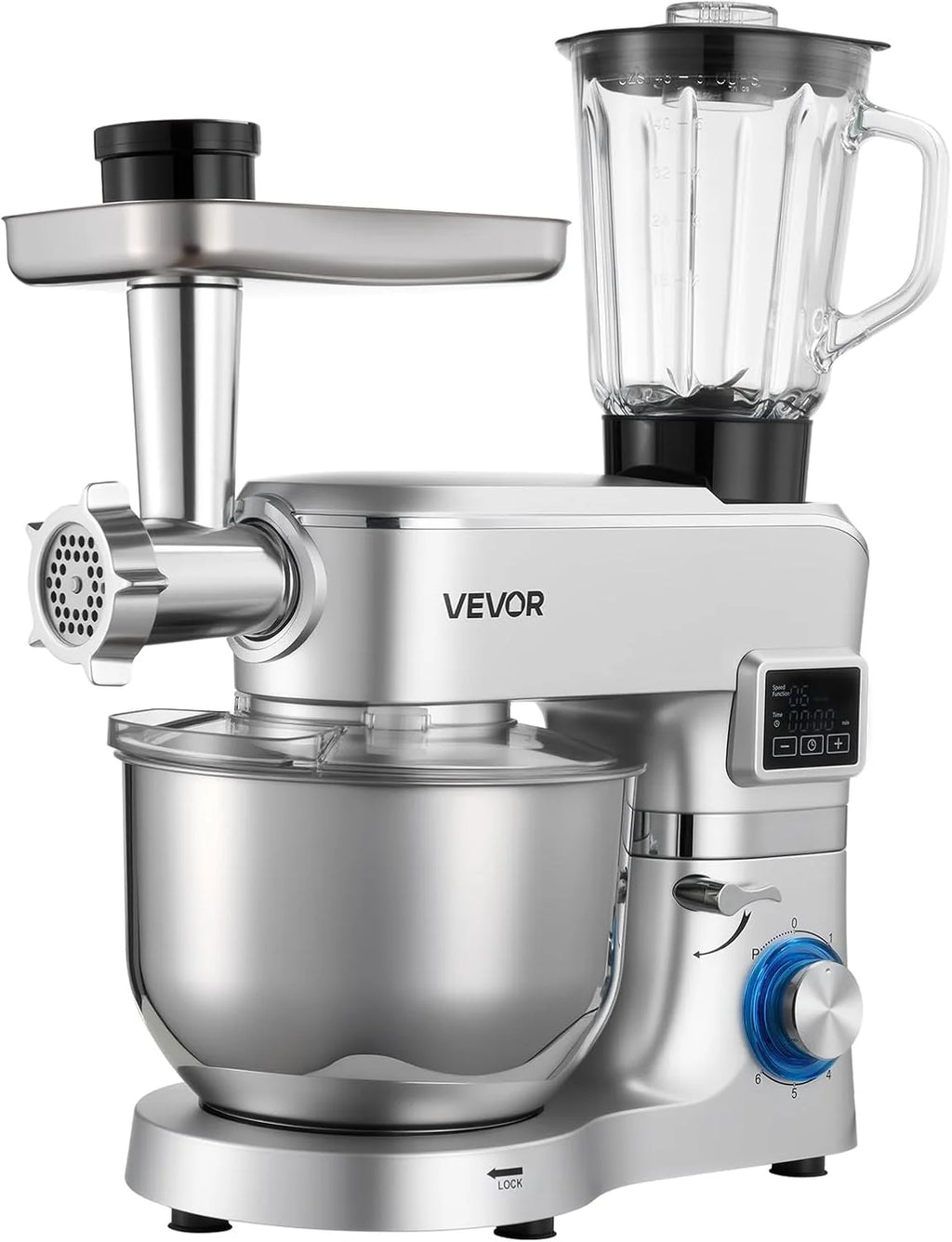 VEVOR Wielofunkcyjny robot kuchenny elektryczny 1500 W, z miską ze stali nierdzewnej (5,7 l) i kubkiem do miksowania (1,5 l), ugniatarką, mikserem do ciasta z prędkością 6+p, hakiem do zagniatania