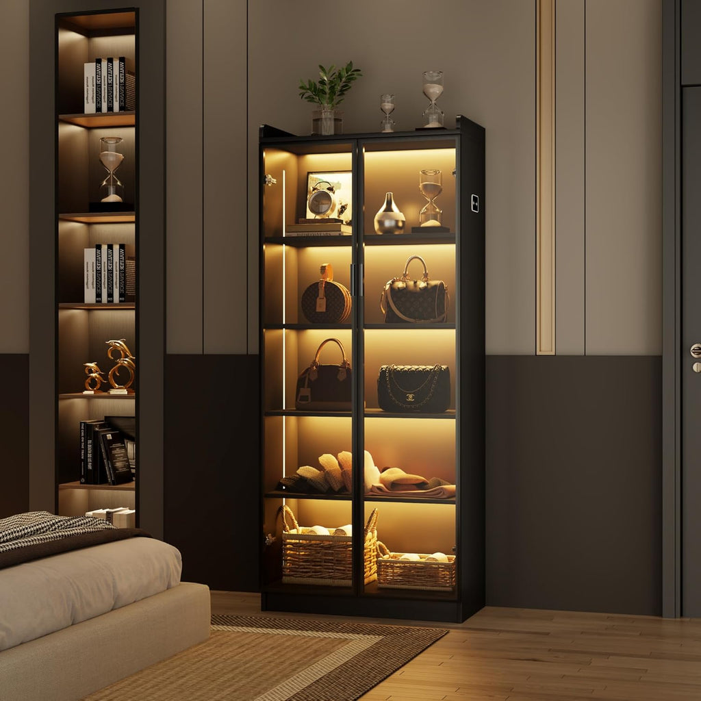 Vitrina FREDEES con iluminación LED, vitrina para coleccionables de 5 niveles con sensores inteligentes, vitrina de pie de acrílico con estantes ajustables para salón y oficina, negro