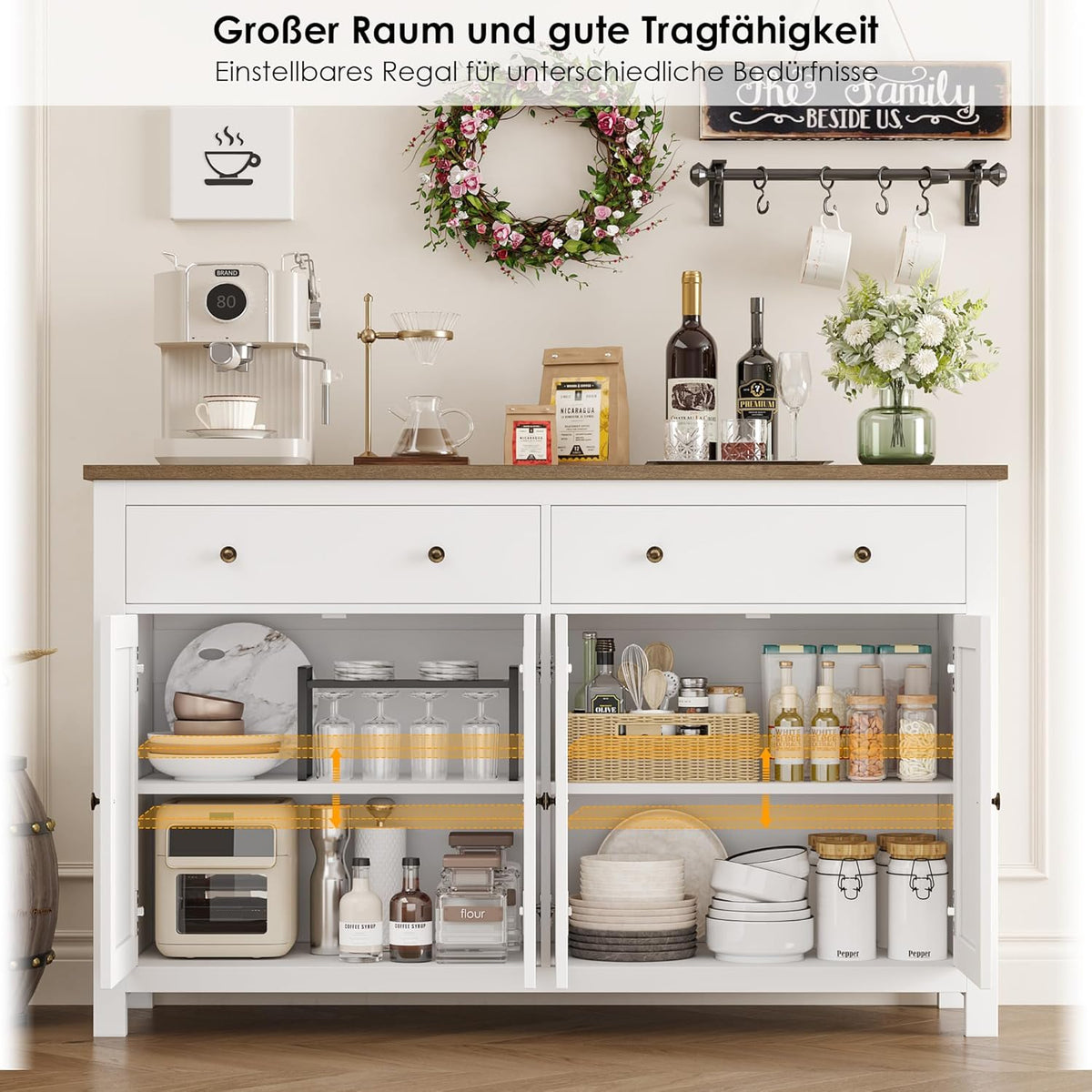 Aparador FirFurd de 140 cm de ancho, armario de cocina con encimera, alacena con 2 cajones y 4 puertas, mueble buffet de cocina con estante ajustable, aparador para cocina, salón y comedor, blanco, 140x89x40 cm