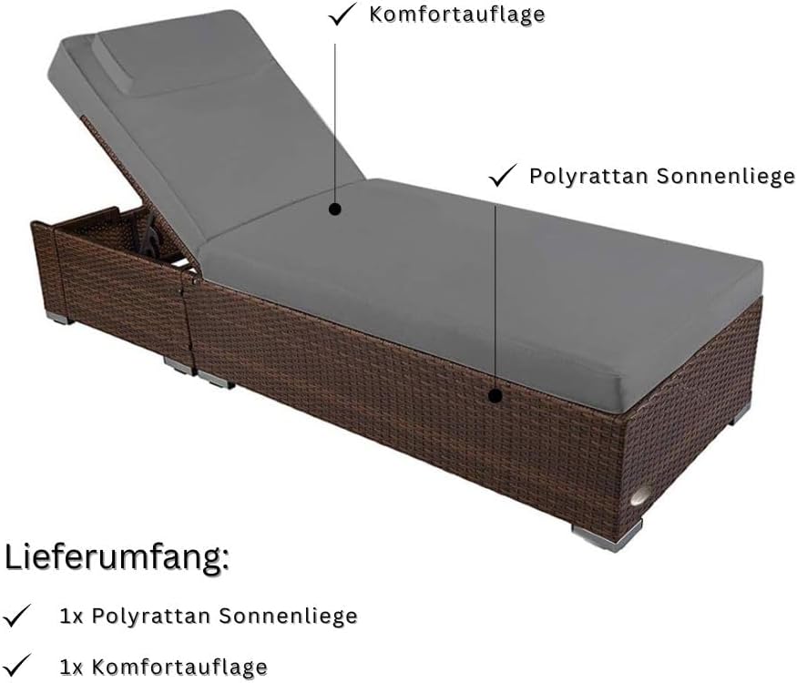 Tumbona de jardín RS Trade resistente a la intemperie de ratán sintético con ruedas – Tumbona de exterior de ratán con respaldo ajustable en varias posiciones para jardín, terraza, balcón y piscina, marrón con cojín gris