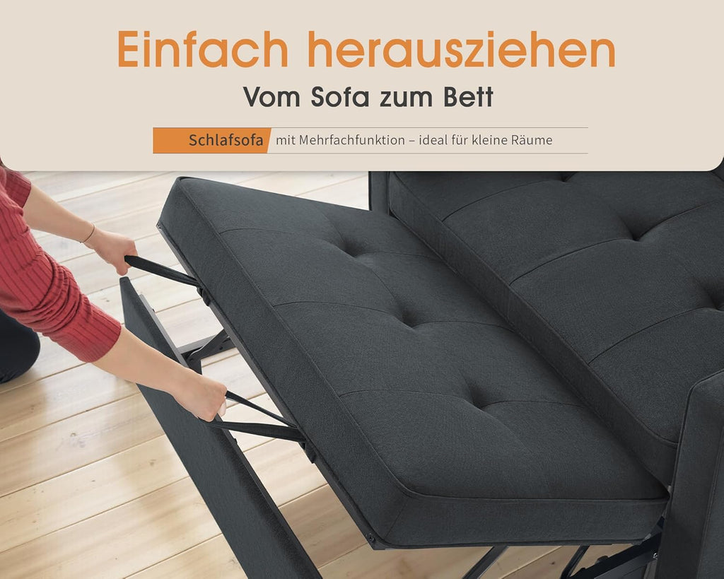 Sofá cama LUXOAK 186 x 122 cm con respaldo ajustable en 5 niveles, sofá cama 3 en 1 con cojines y bolsillo lateral, sofá de lino gris para habitación de invitados y espacios pequeños