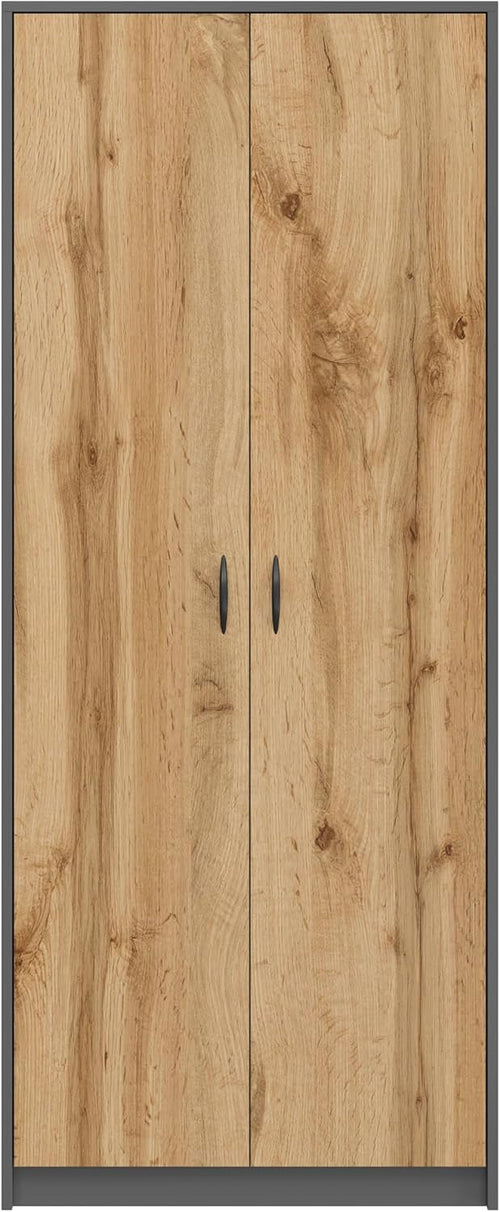 BDW - Szafa Gospodarcza - Szafka na Środki Czystości, Miotły, Odkurzacz - 74x35x180cm - Praktyczna Wielofunkcyjna Szafka do Pomieszczenia Gospodarczego - DINO Grafit/Dąb Wotan