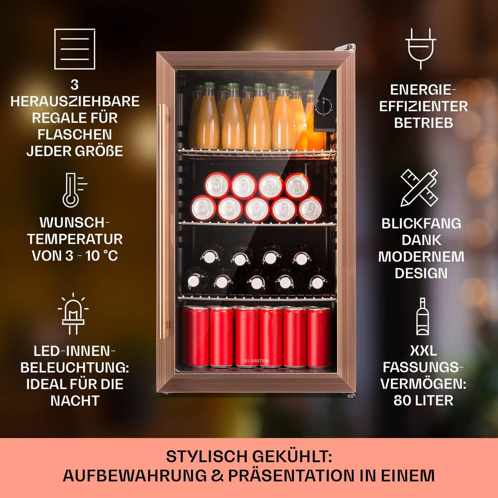 Mininevera Klarstein con puerta de cristal para habitaciones, refrigerador de bebidas con estantes ajustables, pequeño de 80 litros, frigorífico silencioso para interiores/exteriores