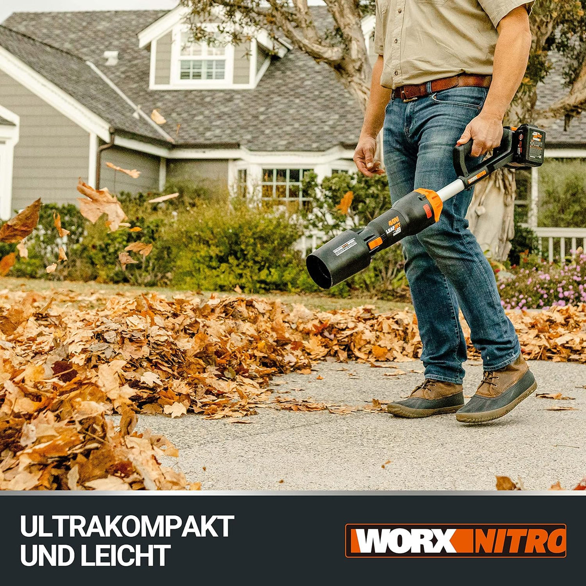 Soplador de hojas inalámbrico WORX Nitro 40V WG585E - motor sin escobillas - 3 velocidades y modo turbo - velocidad del aire 266 km/h - caudal de aire 1053 m³/h - incluye 2 baterías de 4Ah y cargador rápido doble de 4A