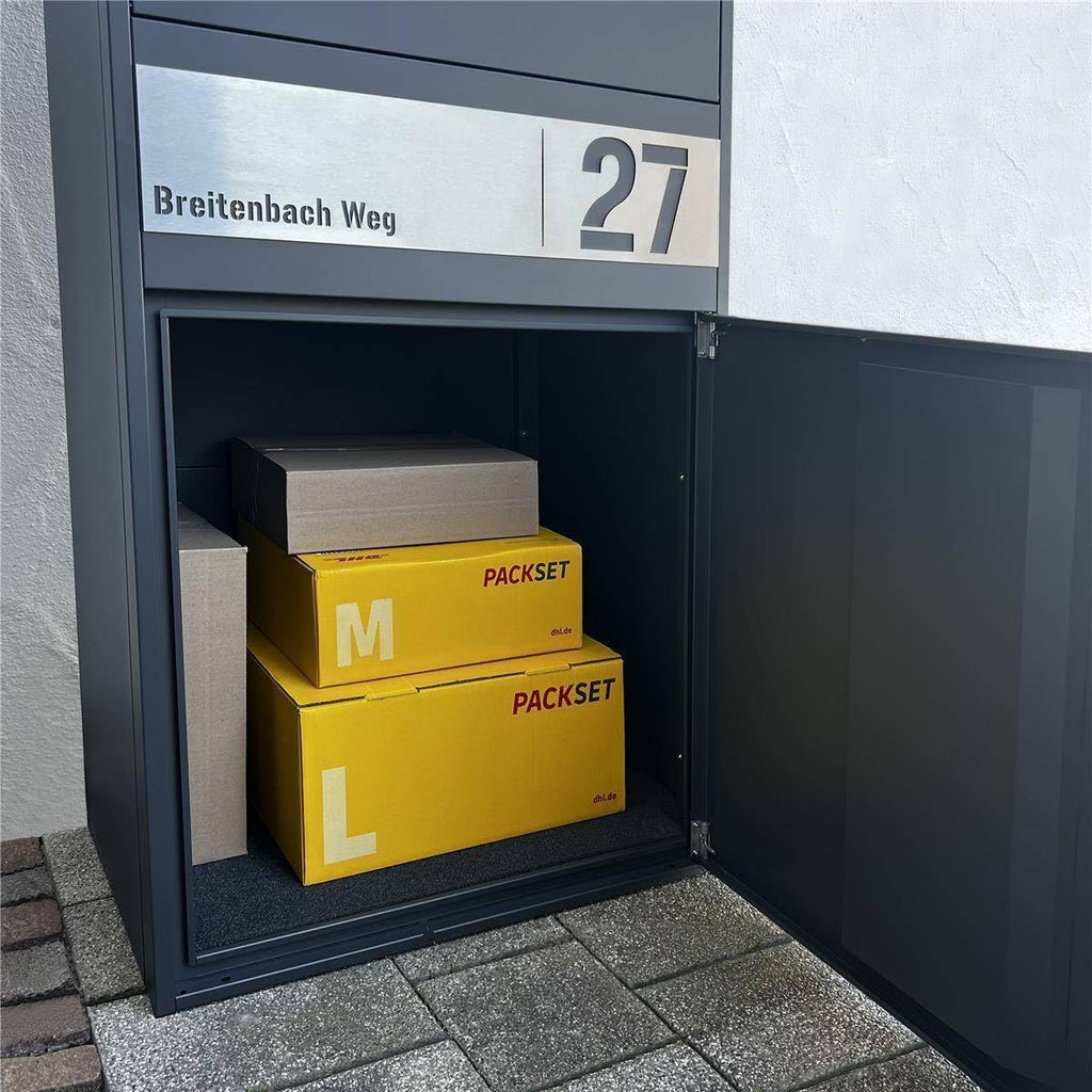 Metzler Paketbox draußen groß XXL, Briefkasten mit Paketfach in Anthrazit RAL7016, Paketbriefkasten, Standbriefkasten, Paketkasten, Personalisiert Edelstahl Namensschild Gravur, rostfrei - Bispo Max 2