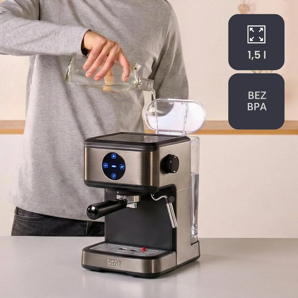 BLACK+DECKER BXCO850E - Ekspres do kawy espresso 850W, 20 barów, 2 filiżanki, funkcja pary, automatyczne wyłączanie, programowalna ilość, system ekstra kremowy, zbiornik 1,5 l, wykończenie