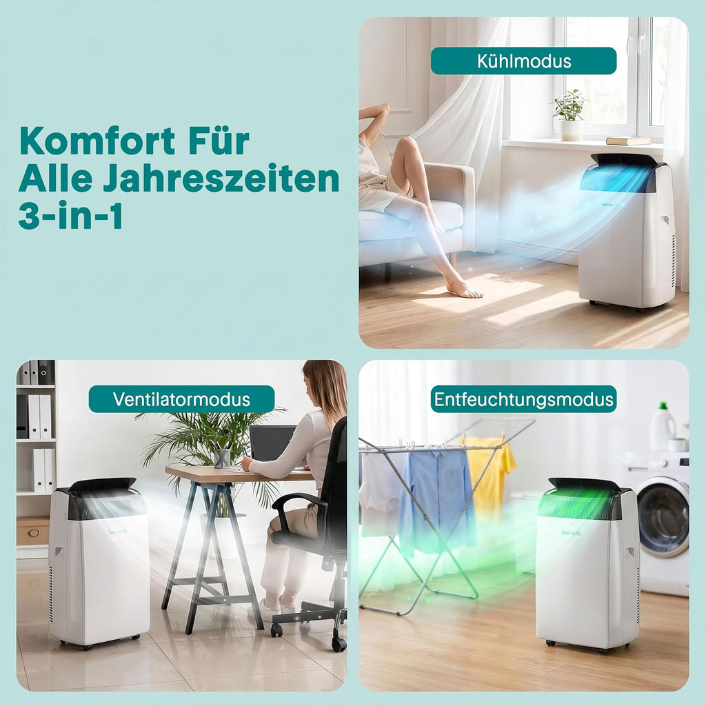 SereneLife Klimaanlage mit Abluftschlauch- Mobil, 14000 BTU WLAN, 3-in1- Kühlen Entfeuchten Venitlieren, Klimagerät mit Fensterkit, LED display, Leise und Schlafmodus, Timer und Rollen, bis 45m²