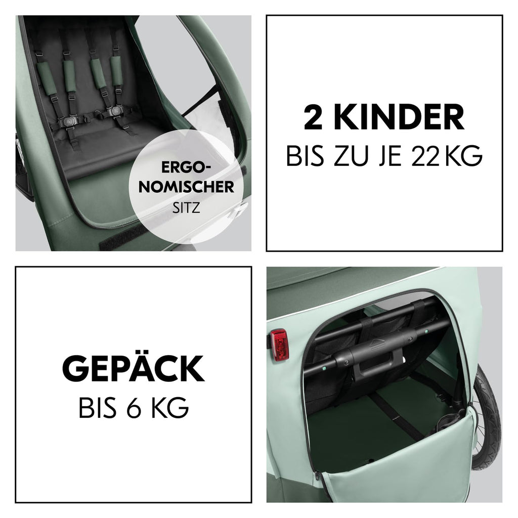 hauck Remolque de bicicleta y cochecito Dryk Duo Plus con suspensión, para 2 niños (6-48 meses), incluye barra de tiro, rueda de cochecito, bandera y luz LED, plegable, altura ajustable, maletero XL (verde oscuro)