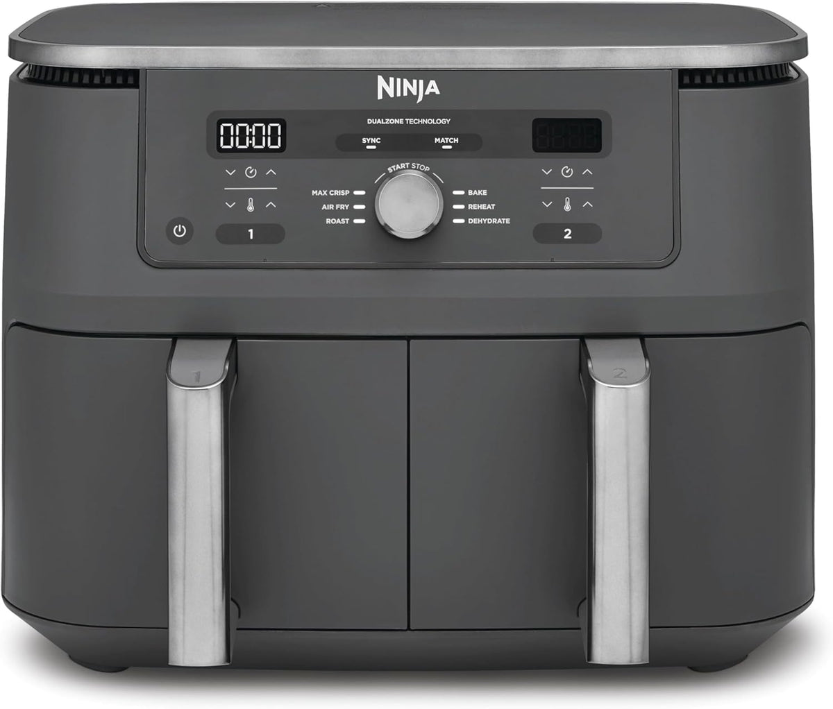 Freidora de aire digital de doble zona Ninja, 2 cajones, 6 en 1, 9,5 L, freír con aire, Max Crisp, asar, hornear, recalentar, cestas aptas para lavavajillas, gris metalizado DZ400EU