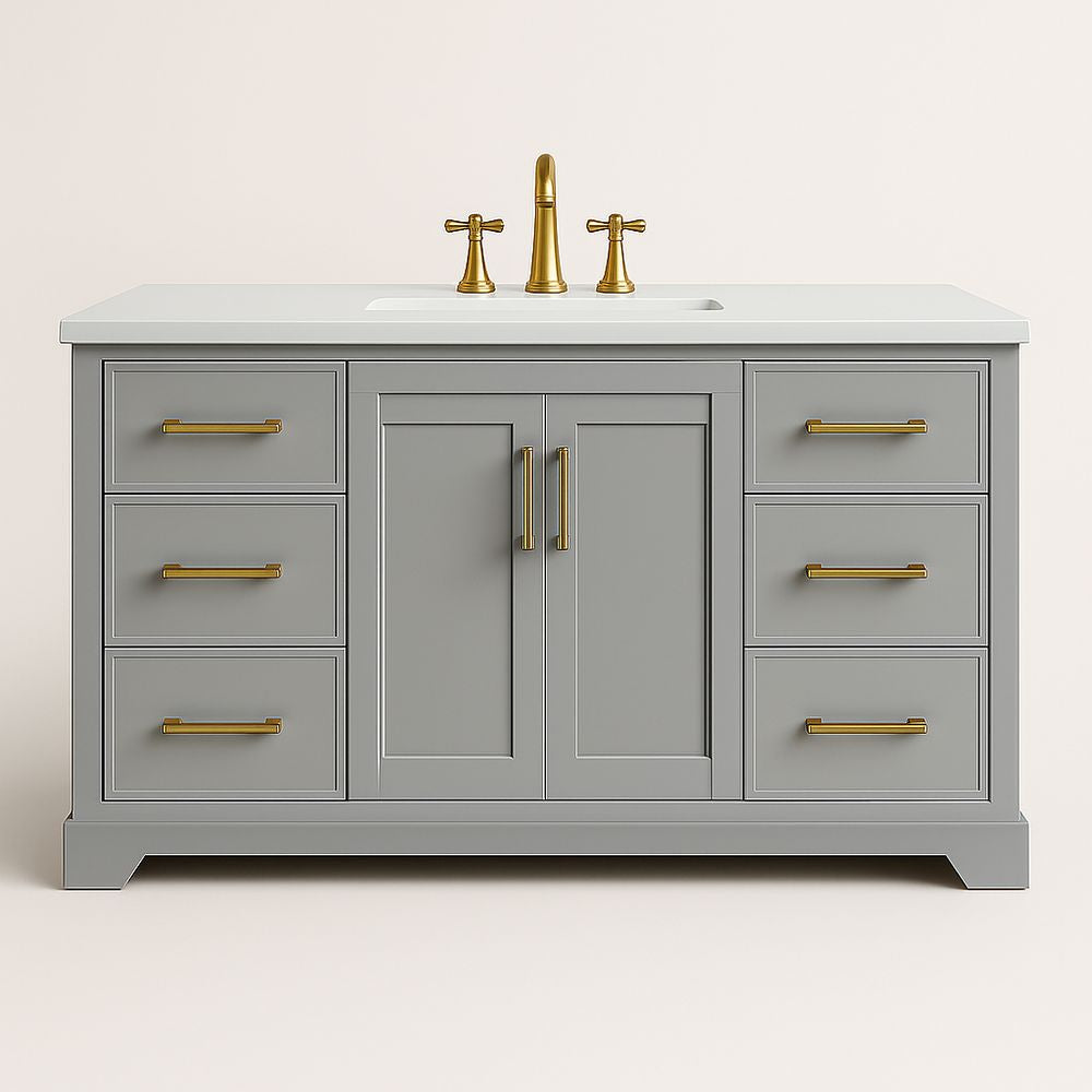 Mueble de baño de madera gris con 2 puertas y 6 cajones