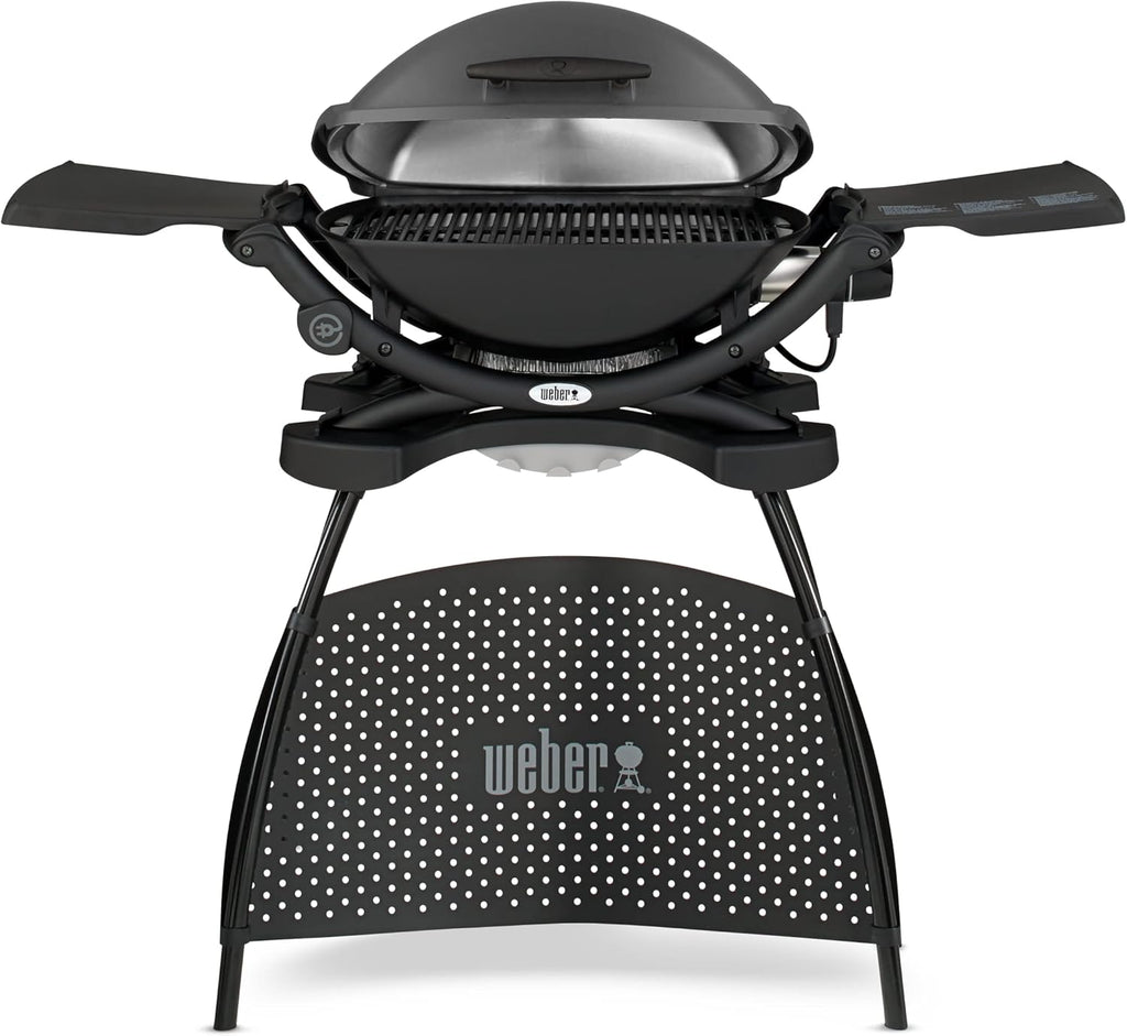 Barbacoa eléctrica Weber Q2400 con soporte y mesas laterales, superficie de cocción de 54 x 39 cm, portátil, parrilla de cocción de hierro fundido vitrificado dividida en 2 partes, tapa y cuerpo de aluminio fundido - Gris oscuro (55020879)