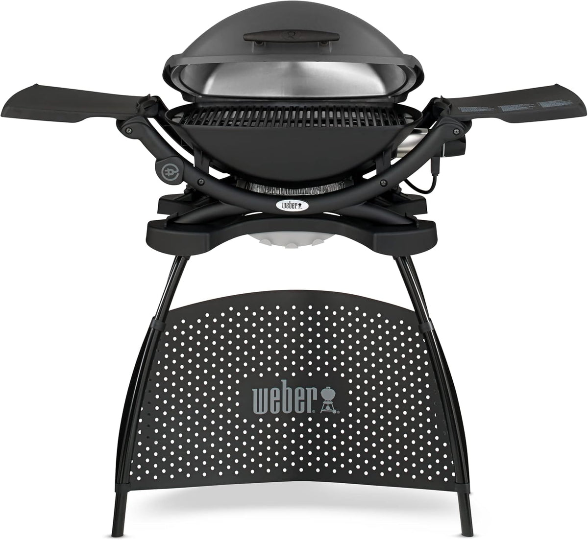 Barbacoa eléctrica Weber Q2400 con soporte y mesas laterales, superficie de cocción de 54 x 39 cm, portátil, parrilla de cocción de hierro fundido vitrificado dividida en 2 partes, tapa y cuerpo de aluminio fundido - Gris oscuro (55020879)