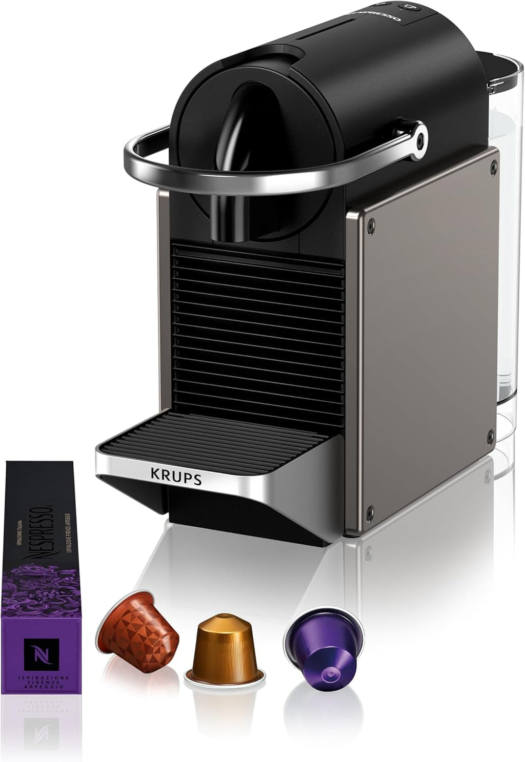 Cafetera de cápsulas Krups Nespresso Pixie Redesign, 1260 W, depósito de agua de 0,7 l, Espresso o Lungo, ahorro de energía, cápsulas reciclables, incluye set de bienvenida, Titanio, XN306T10