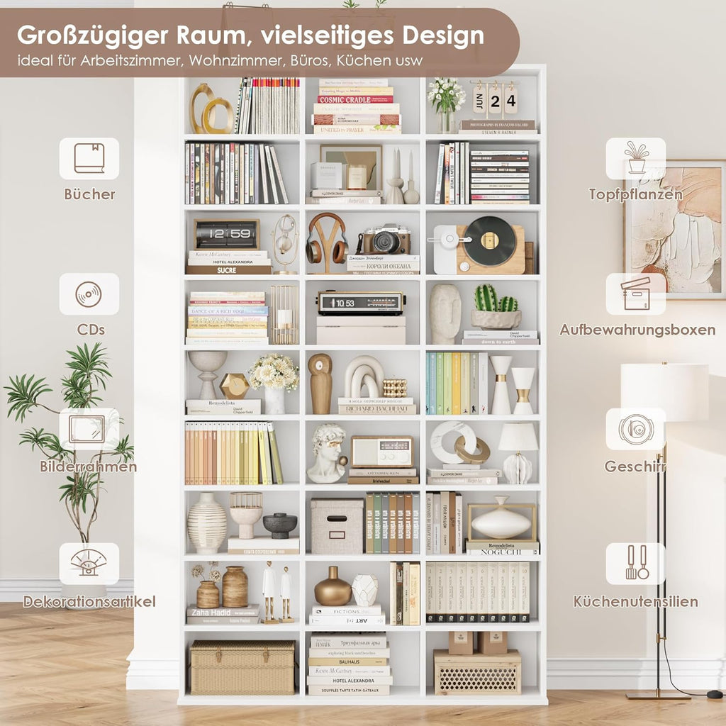Estantería para libros FirFurd de 190 cm, estante para CD con 27 compartimentos, soporte para CD ajustable en altura, estantería de pie, separador de ambientes para sala de estar, estudio, blanco