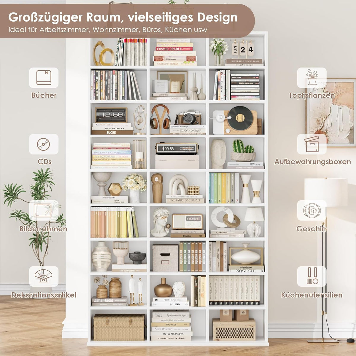 Estantería para libros FirFurd de 190 cm, estante para CD con 27 compartimentos, soporte para CD ajustable en altura, estantería de pie, separador de ambientes para sala de estar, estudio, blanco