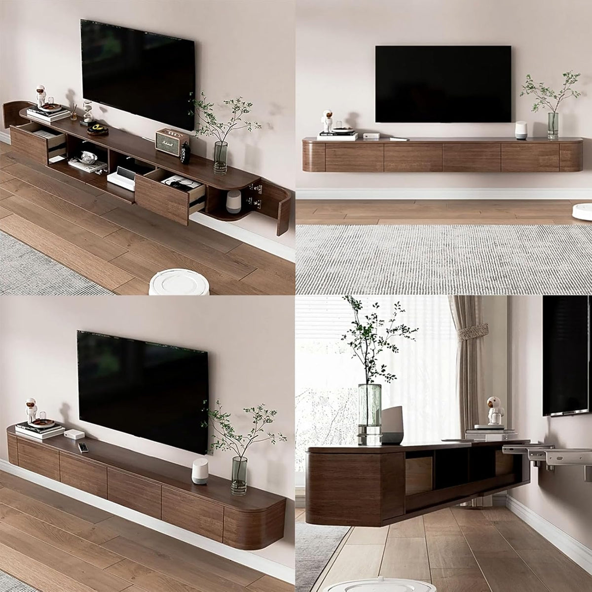 Consola multimedia para pared de TV flotante, banco de almacenamiento grande bajo TV, mueble bajo con cajones y soporte para router, (Blanco B + LED, 180 x 20 x 30 cm)