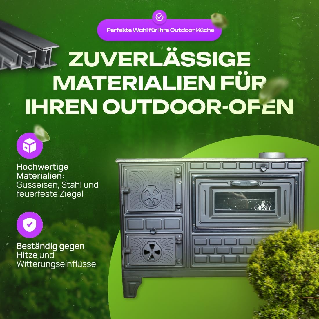 Horno de cocina para exteriores, estufa de terraza, horno de leña y carbón, chimenea de jardín, cocina exterior, Kuzine Soba (puerta de hierro fundido + 2 tubos)
