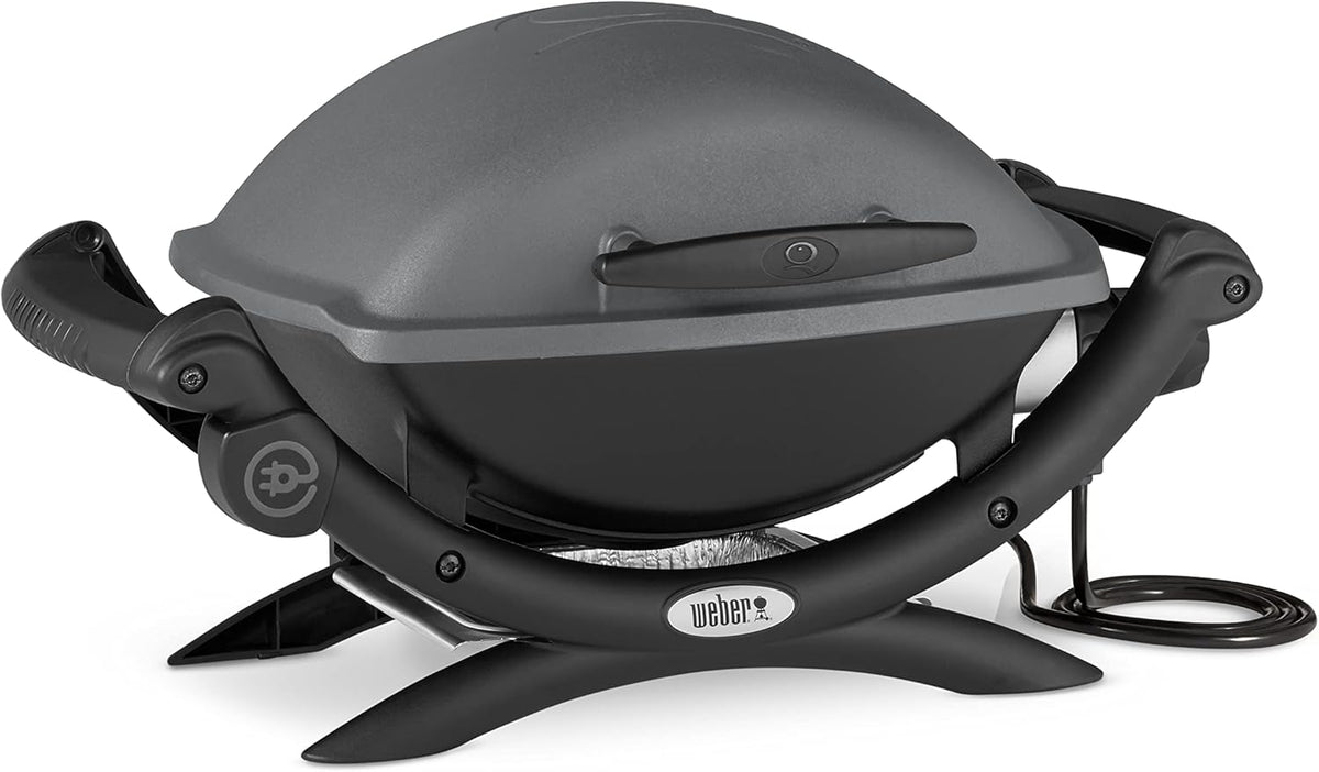 Barbacoa eléctrica Weber Q1400, superficie de cocción de 43 x 32 cm, barbacoa portátil, rejilla de cocción de hierro fundido vitrificado dividida en 2, tapa y cuerpo de aluminio fundido - Gris oscuro (52020079)