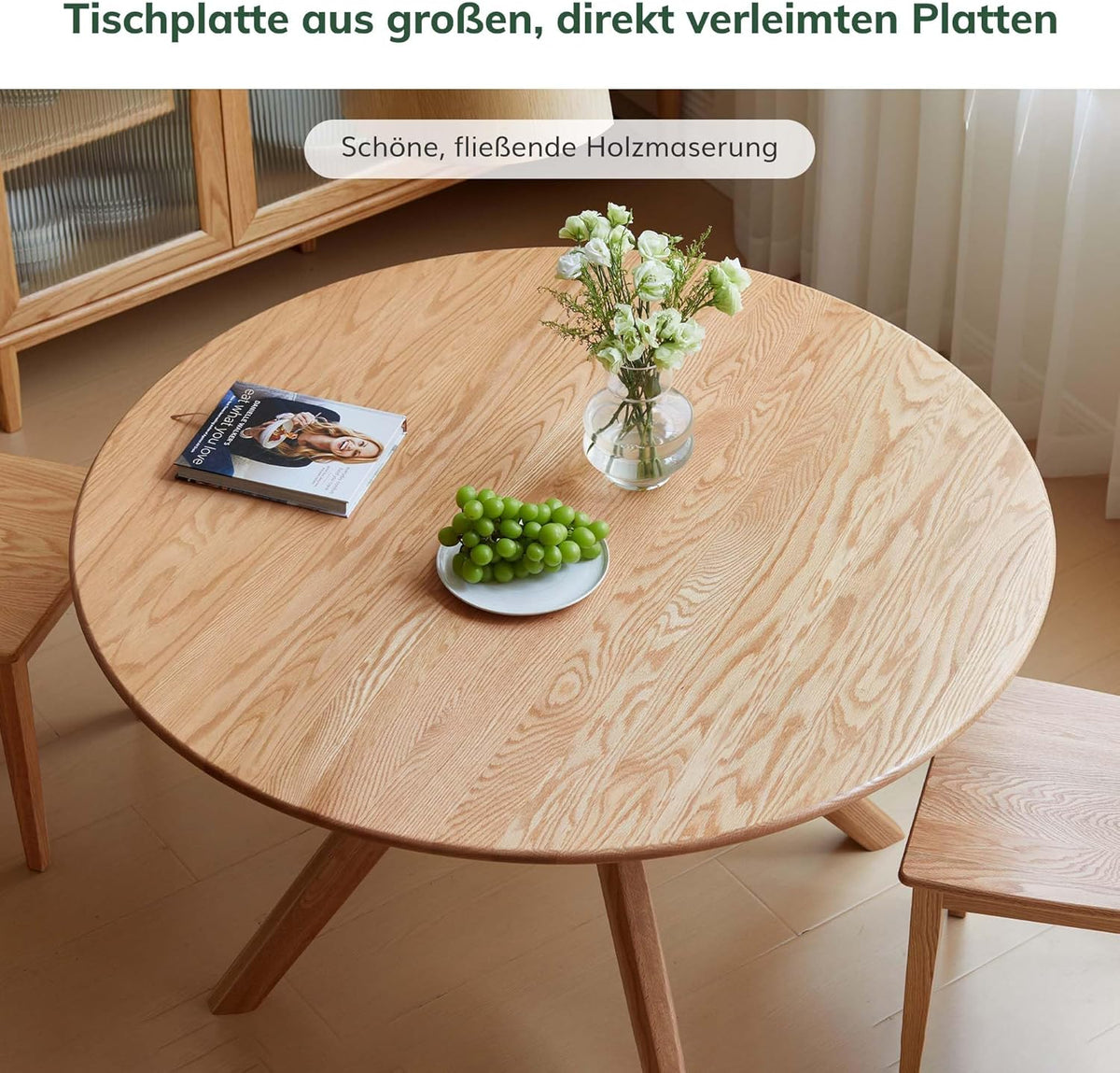 Mesa de comedor de madera maciza de roble YESWOOD, mesa redonda de 120 cm, 0% chapa, mesa de cocina moderna, mesa de comedor redonda, estable, mesa para 4-6 personas, 120x120x74,8 cm, color natural
