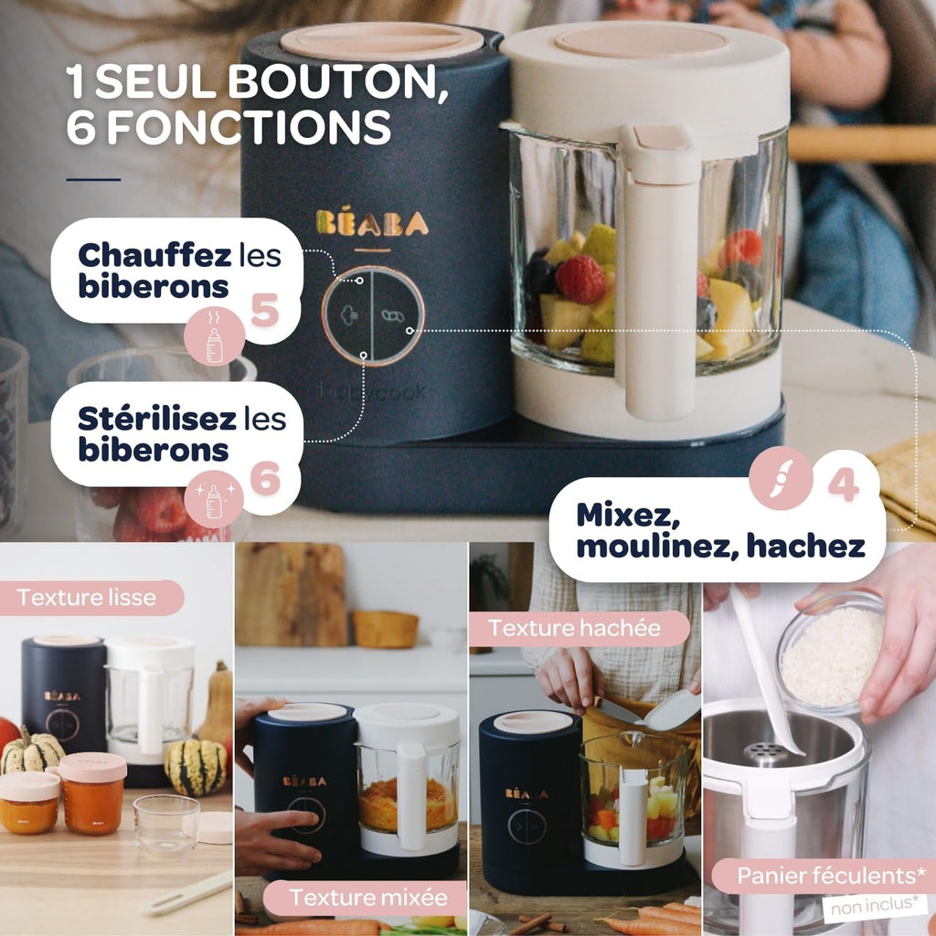 BÉABA - Babycook Néo - Robot para bebés hecho en Francia - Batidora-Cocedor - Bol de cristal y cubeta de acero inoxidable - Diversificación alimentaria - Potitos caseros para bebés - Cocción al vapor suave y rápida - Azul noche